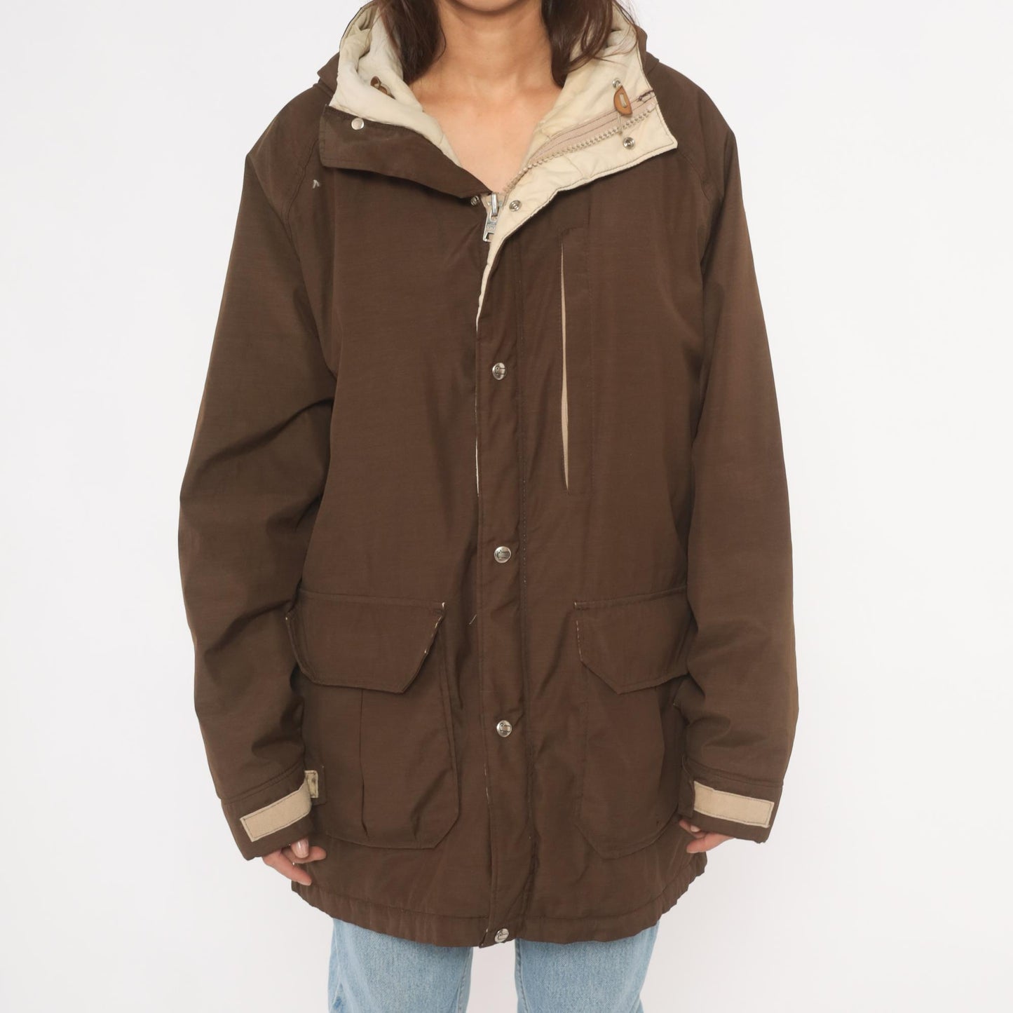 80s Woolrich Brown Hooded Parka Cargo Pockets Tan Quilted Lining Large