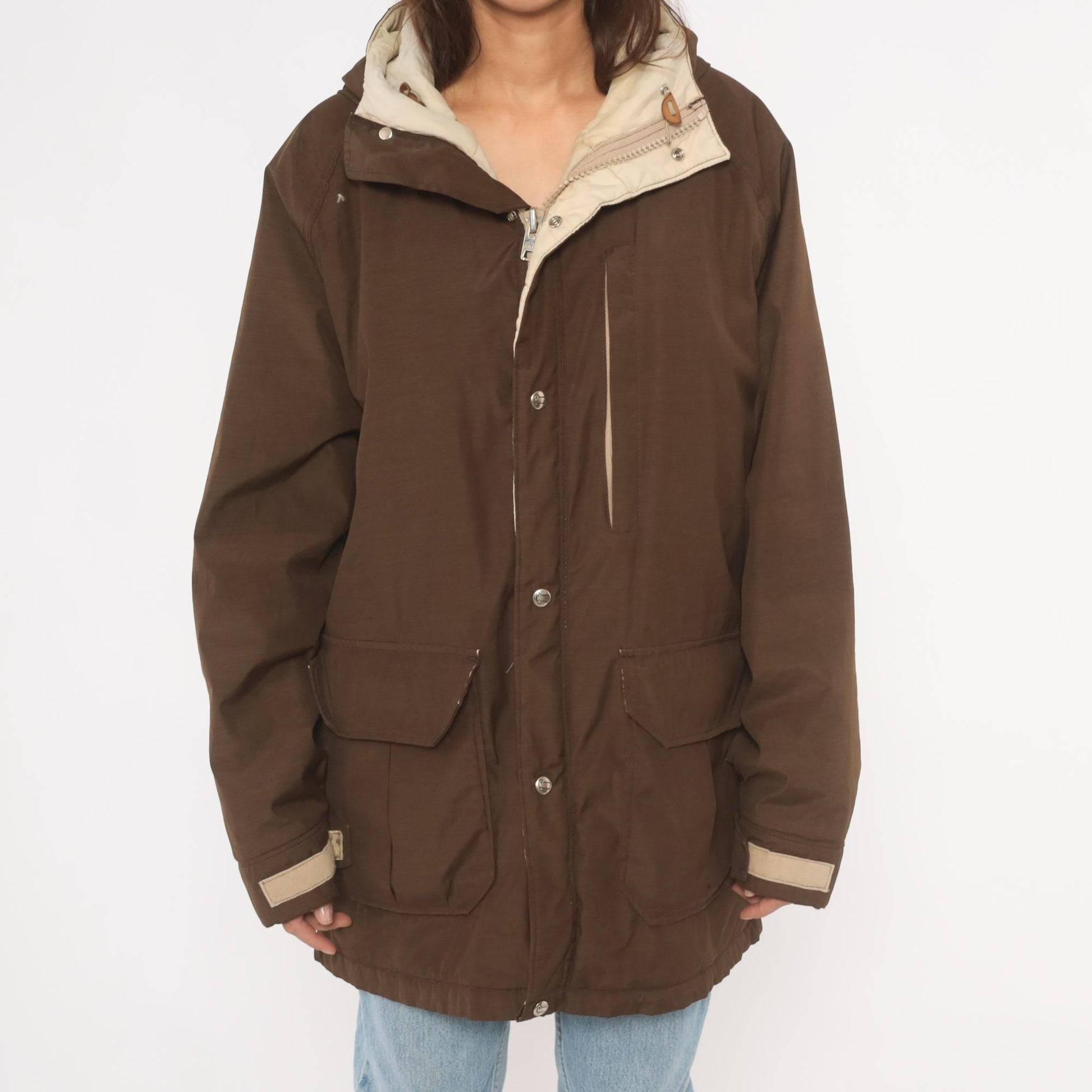 80s Woolrich Brown Hooded Parka Cargo Pockets Tan Quilted Lining Large