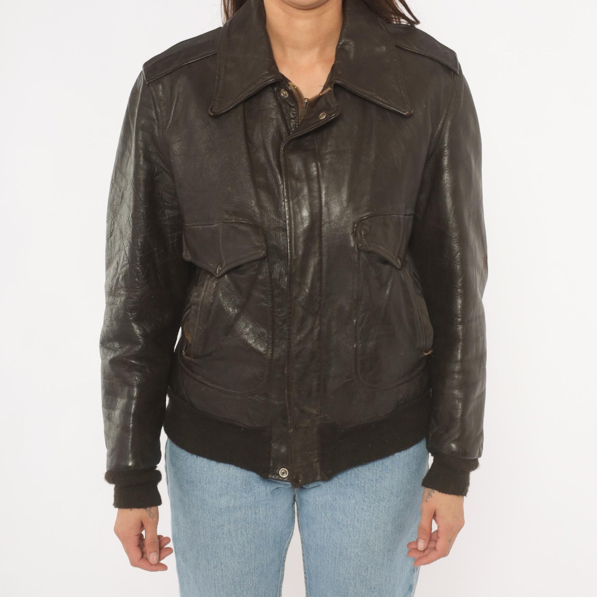 80s Golden Fleece Dark Brown Leather Bomber Jacket Cropped Small