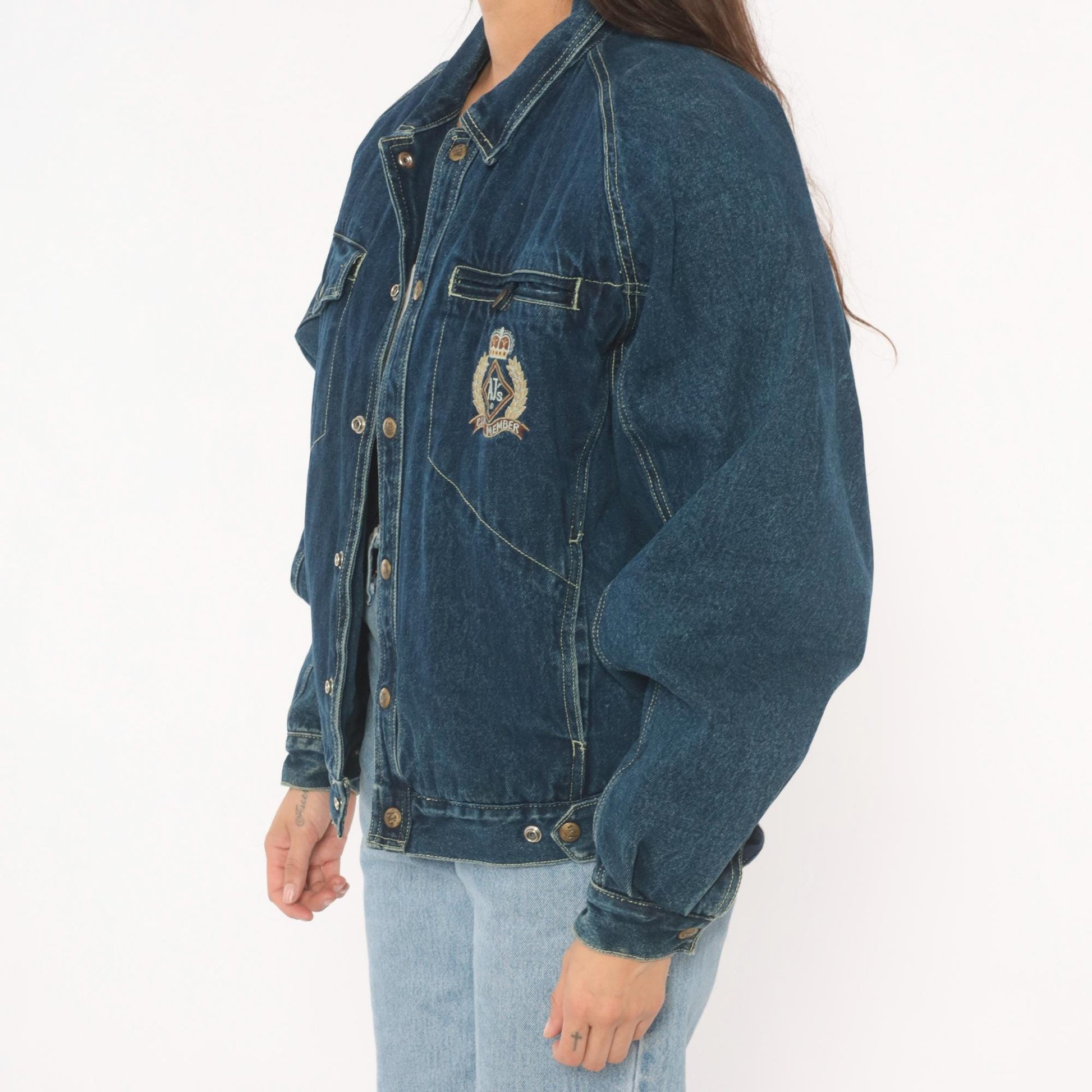 90s AJs Dark Wash Denim Bomber Jacket Embroidered Logo Small
