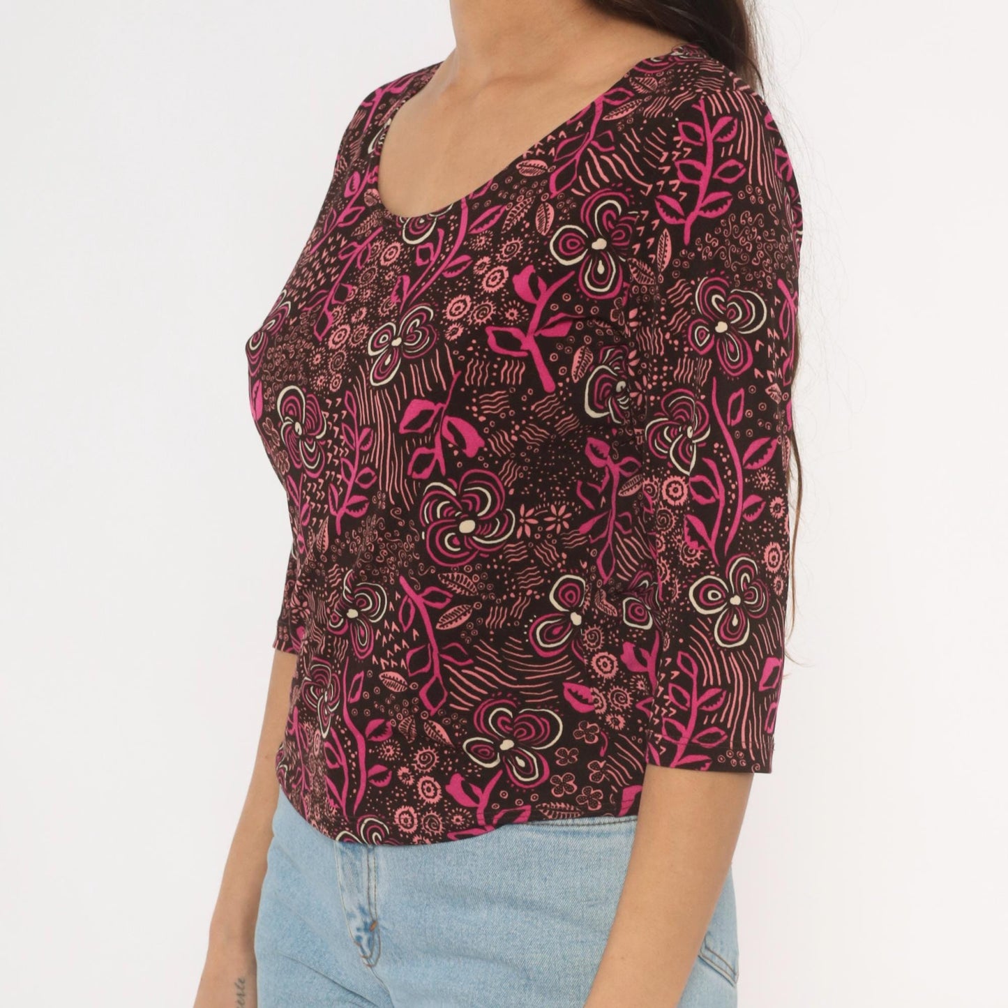 Y2K Only Nine Floral Botanical Blouse Brown Pink Three Quarter Sleeve Large L