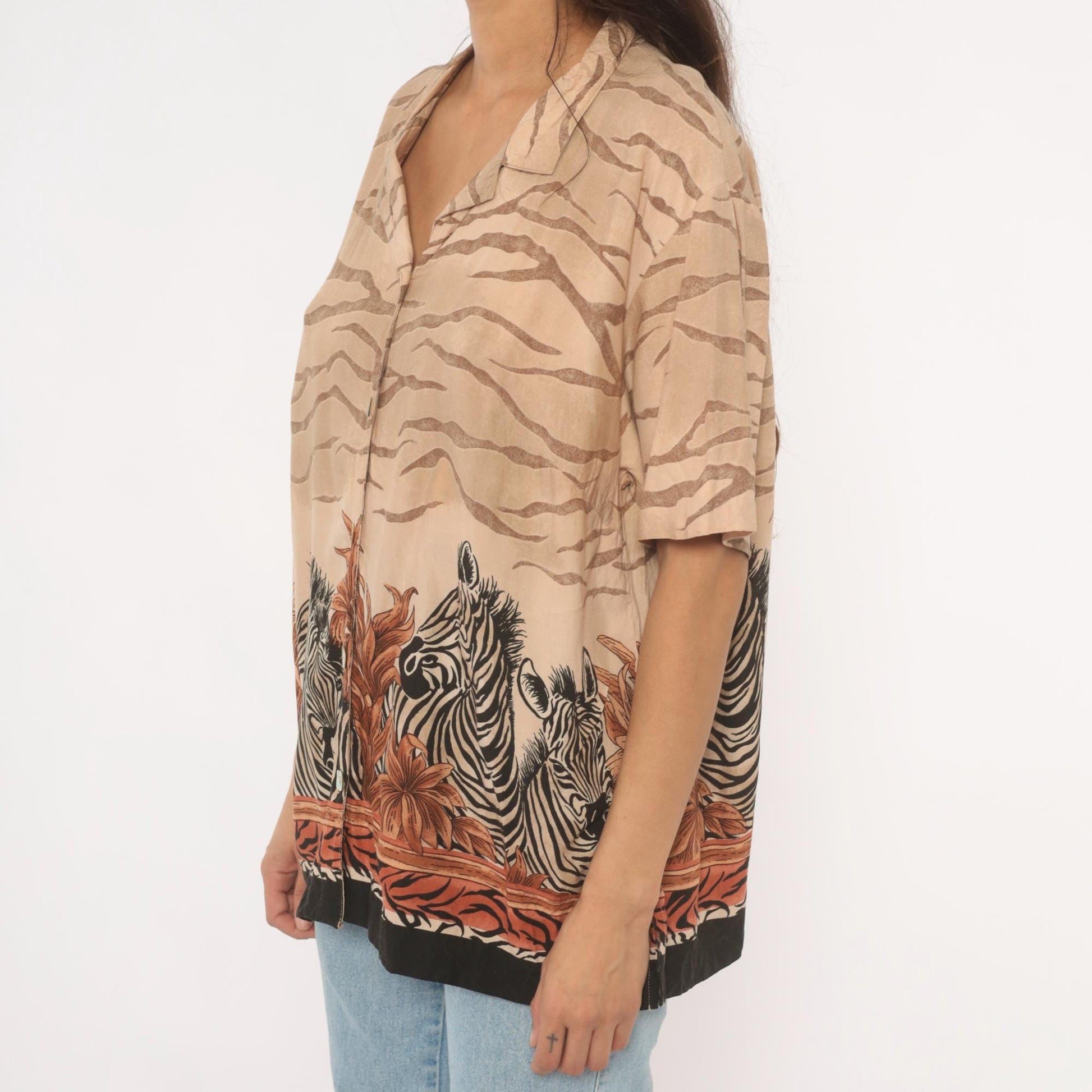 90s Teddi Zebra Safari Camp Collar Shirt Animal Print Tan Large L