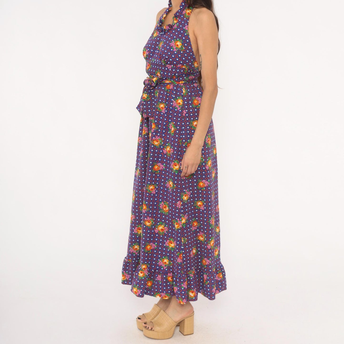 70s Floral Halter Dress Purple Polka Dot Tie Waist Open Back XS