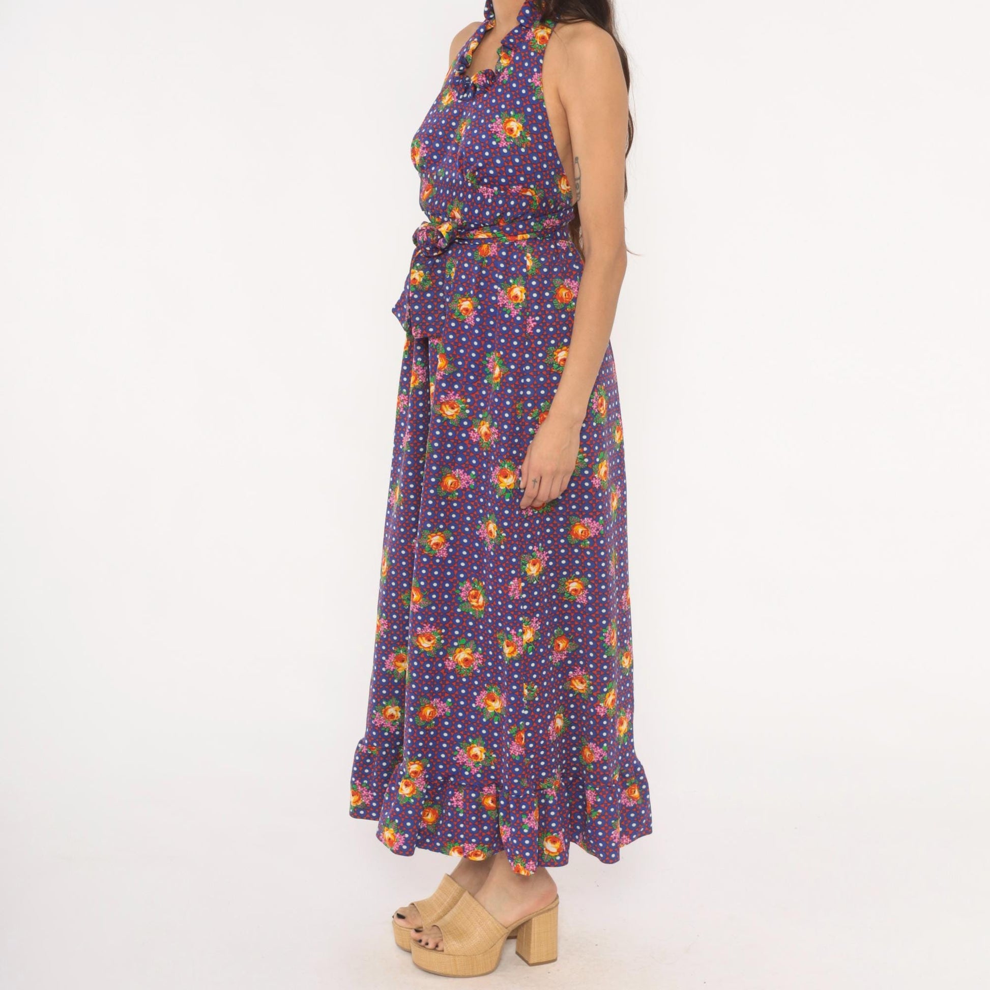 70s Floral Halter Dress Purple Polka Dot Tie Waist Open Back XS
