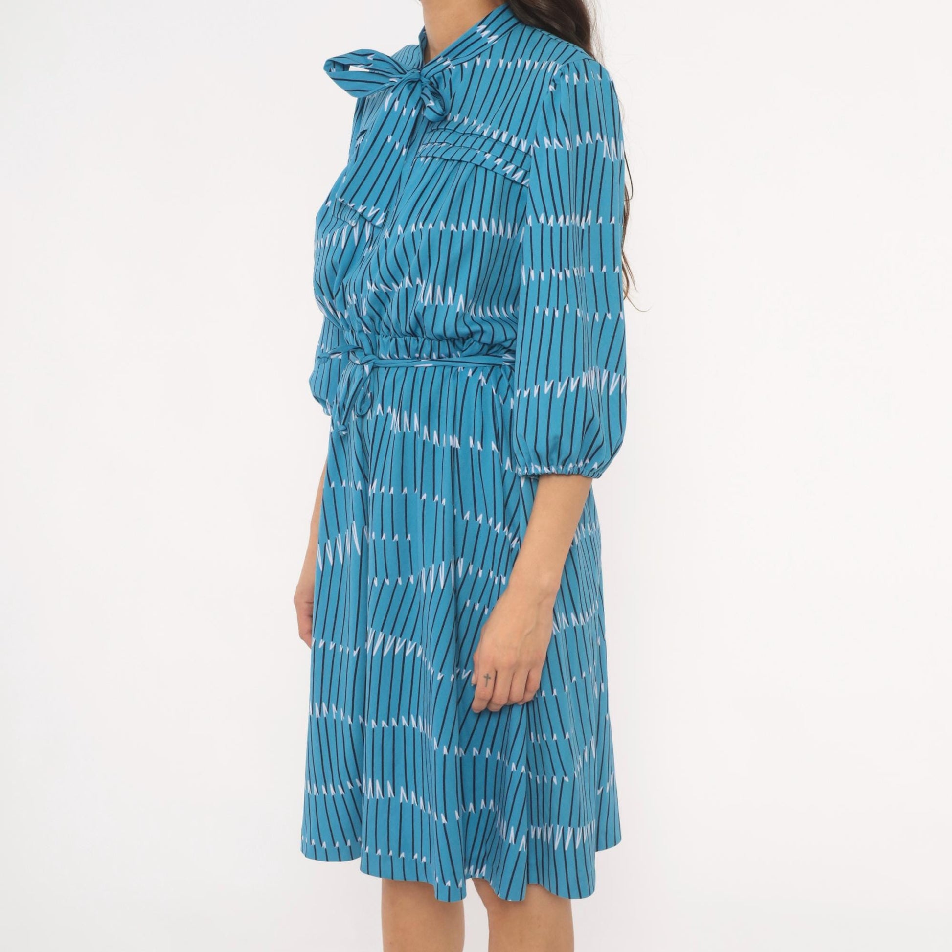 70s Teal Geometric Stripe Bow Neck Dress Puff Sleeve Belted Knee Length Large L