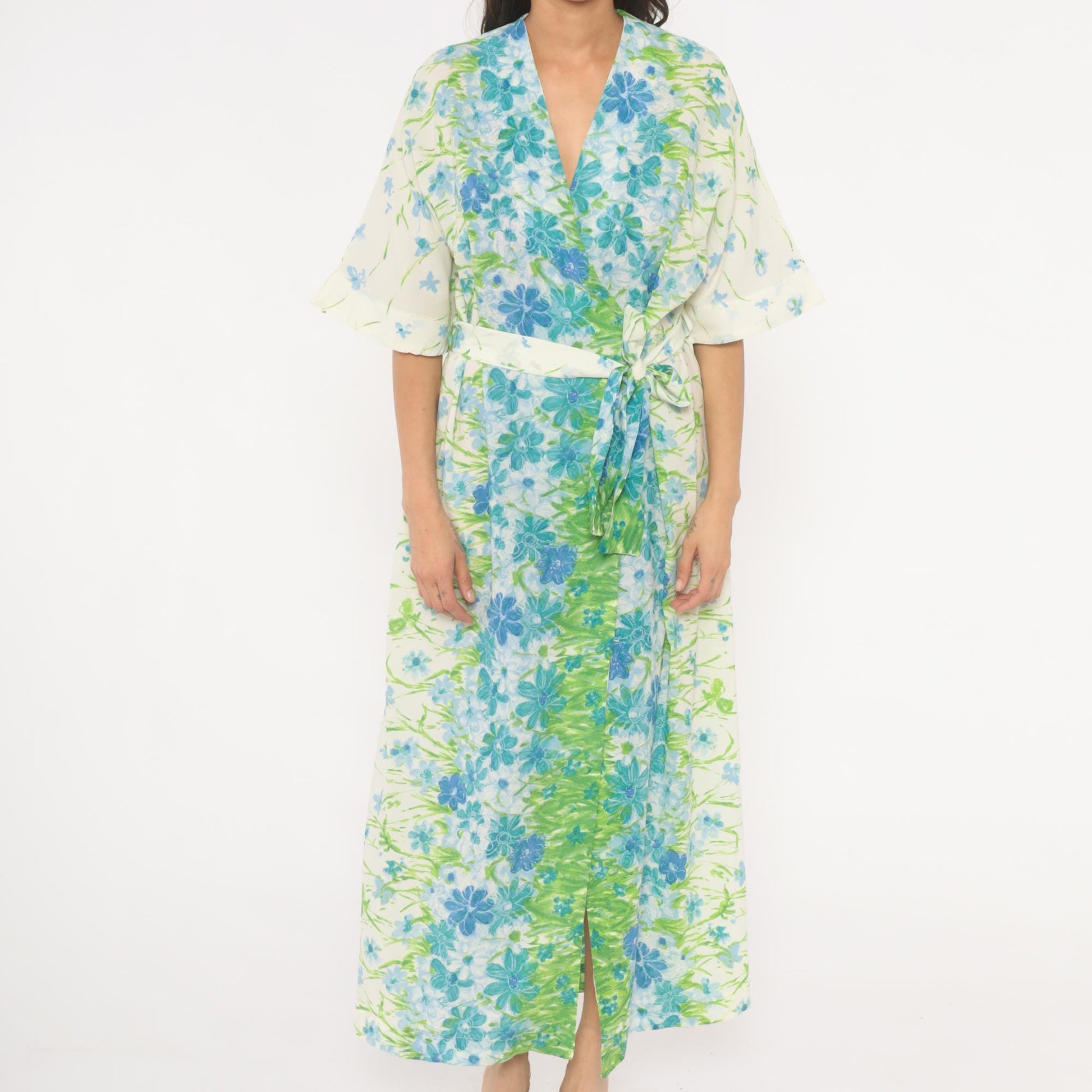 70s Floral Kimono Robe Maxi Wrap Dress Watercolor Print Blue Green Medium