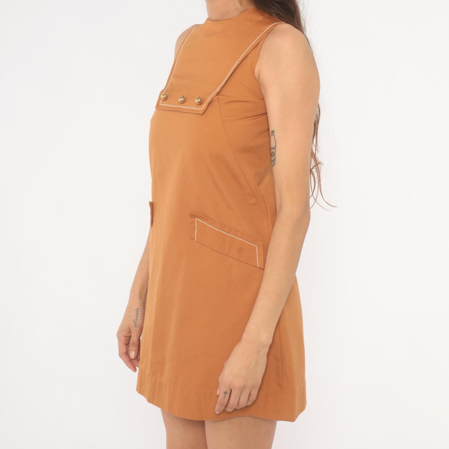 60s Mod Mini Dress Tan Sleeveless Shift Gold Button Crew Neck Extra Small XS