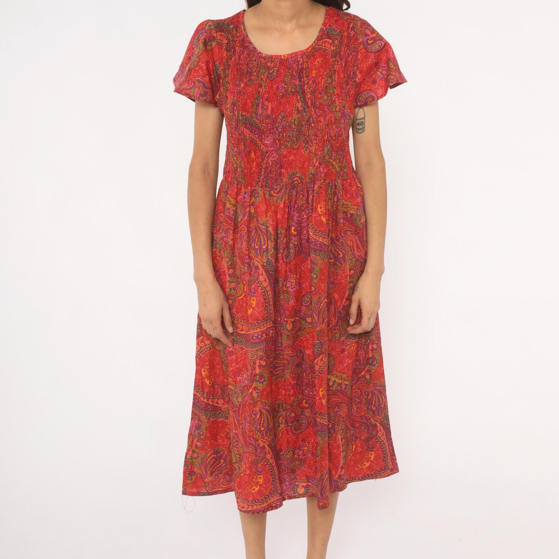 70s Metropolitan Paisley Smocked Midi Dress Red Flutter Sleeve Cotton Large L