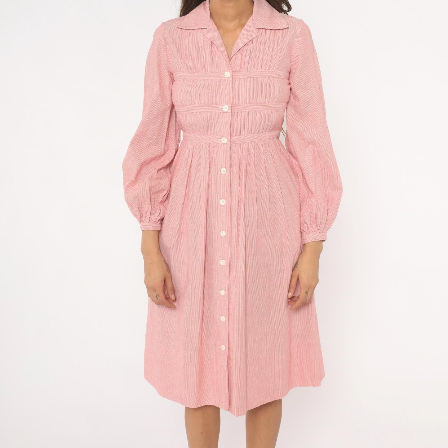 80s Nipon Boutique Pinstripe Shirtdress Pink Button Front Puff Sleeve XS