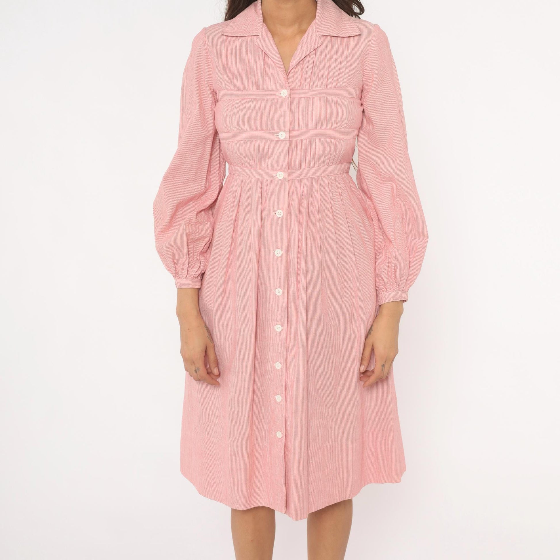 80s Nipon Boutique Pinstripe Shirtdress Pink Button Front Puff Sleeve XS