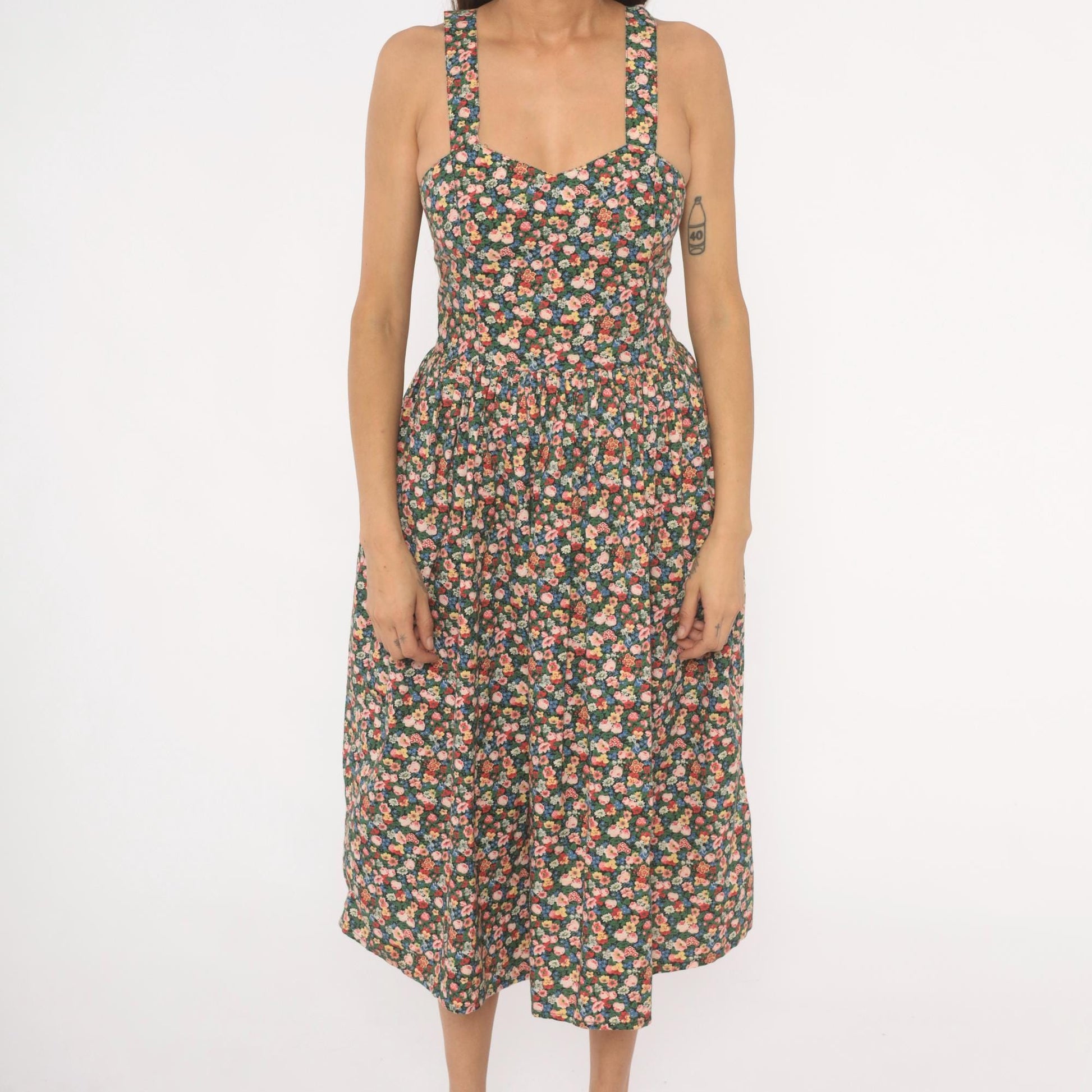 90s The Limited Floral Midi Sundress Calico Print Sweetheart Neckline Small