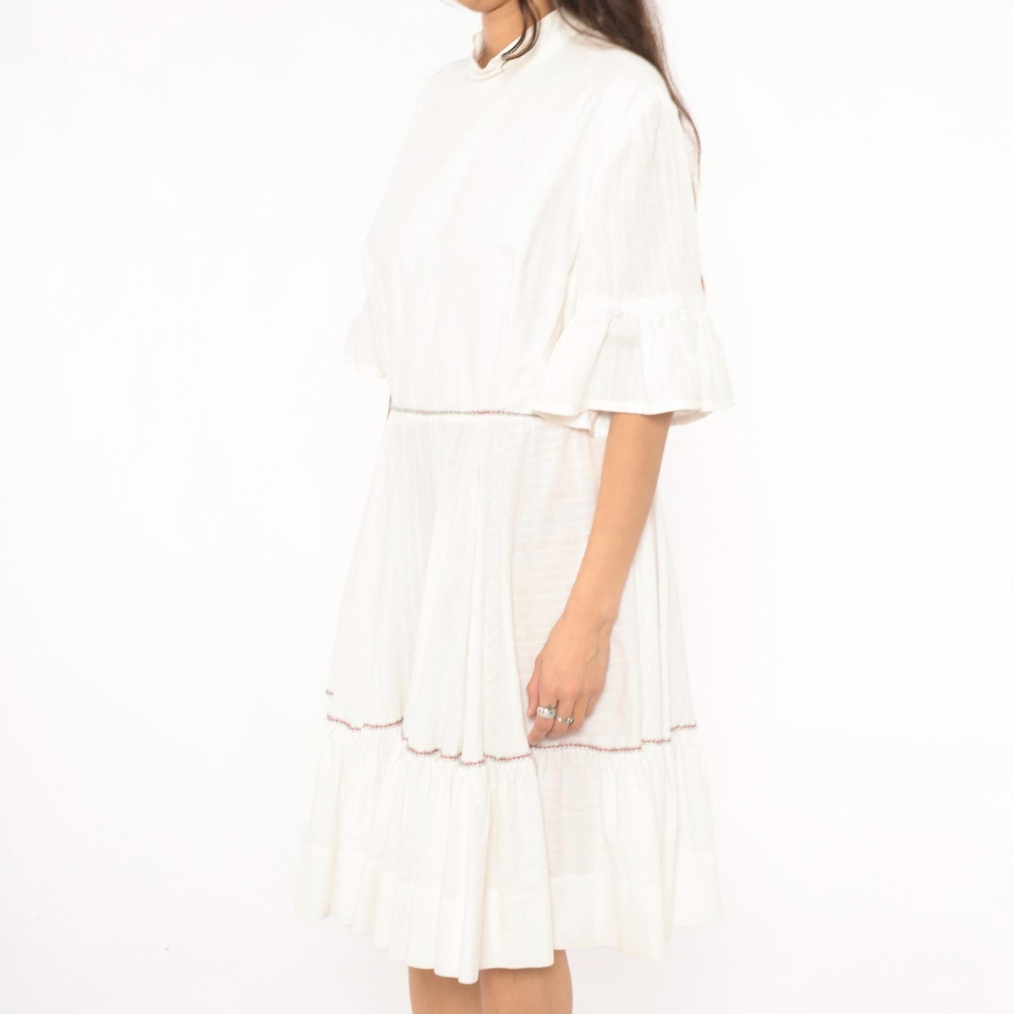 60s Ivory Prairie Dress Tiered Ruffle Bell Sleeve Cotton Knee Length Large L