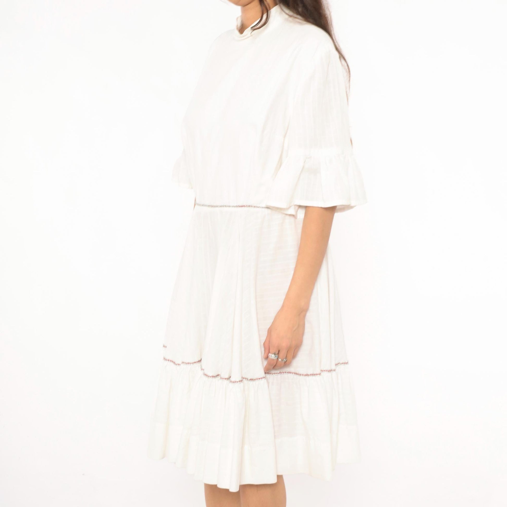 60s Ivory Prairie Dress Tiered Ruffle Bell Sleeve Cotton Knee Length Large L