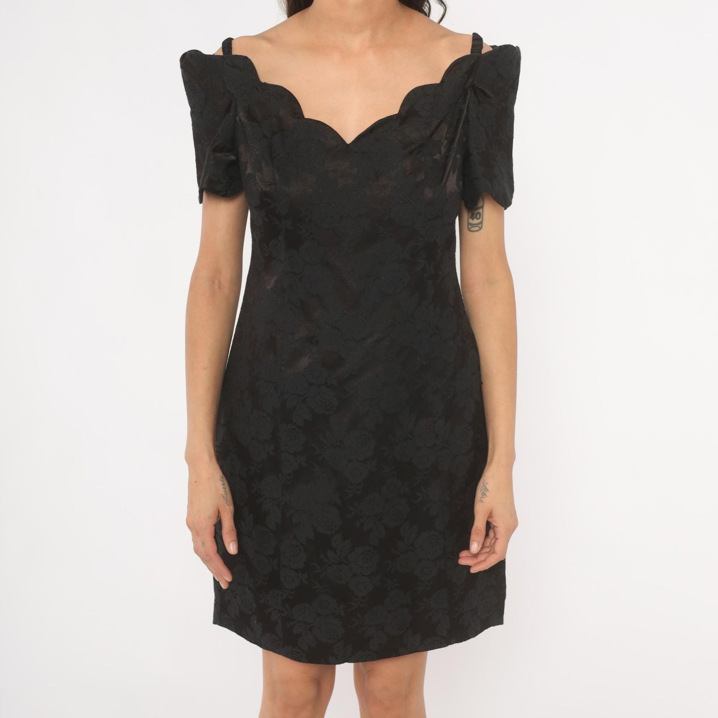 90s Expo Petite Black Floral Jacquard Mini Dress Sweetheart Neckline Medium M