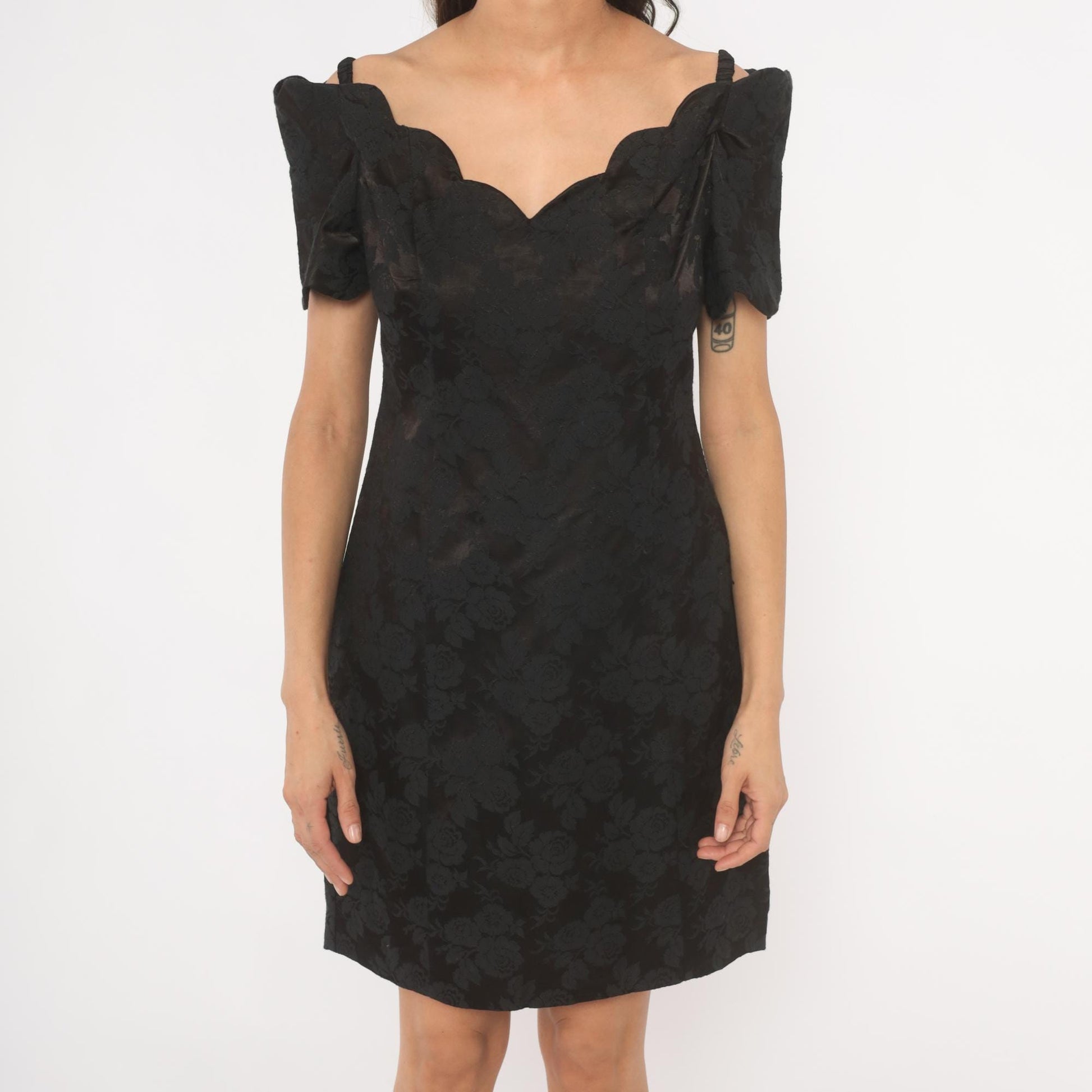 90s Expo Petite Black Floral Jacquard Mini Dress Sweetheart Neckline Medium M