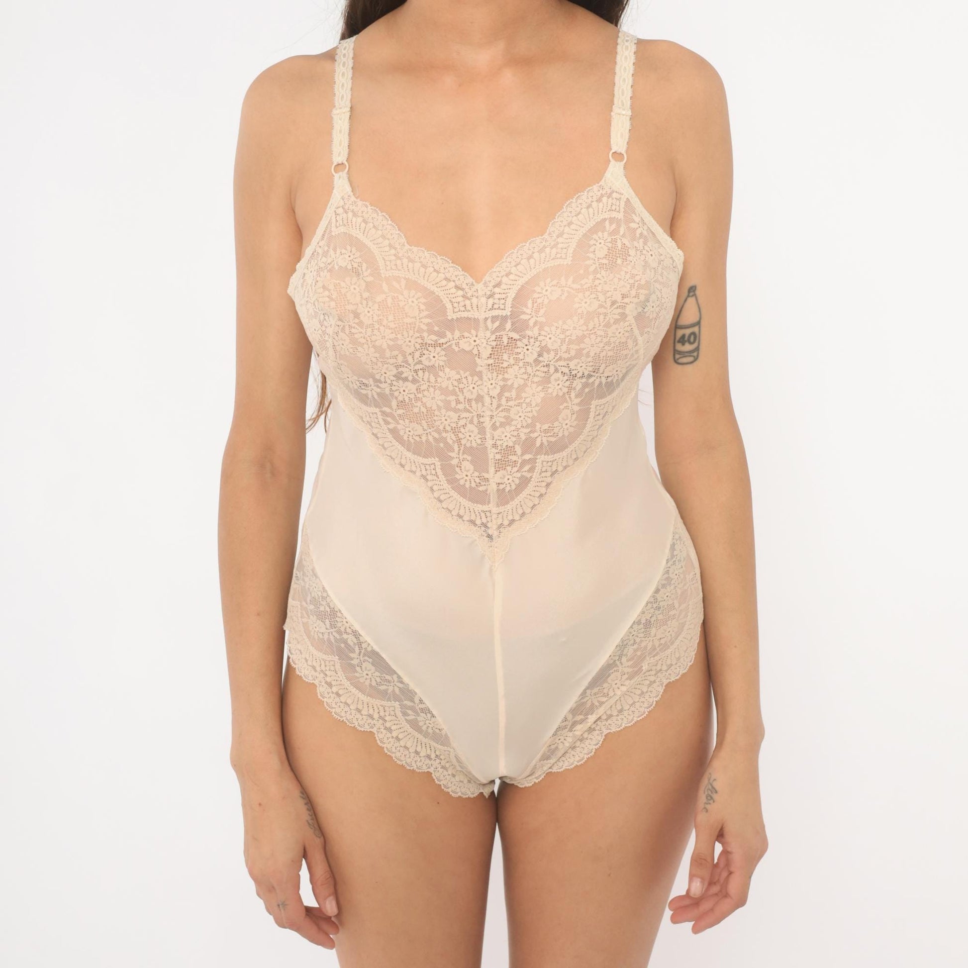 80s Lindsey Roscoe Cream Lace Bodysuit Floral V-Neck Snap Closure Small
