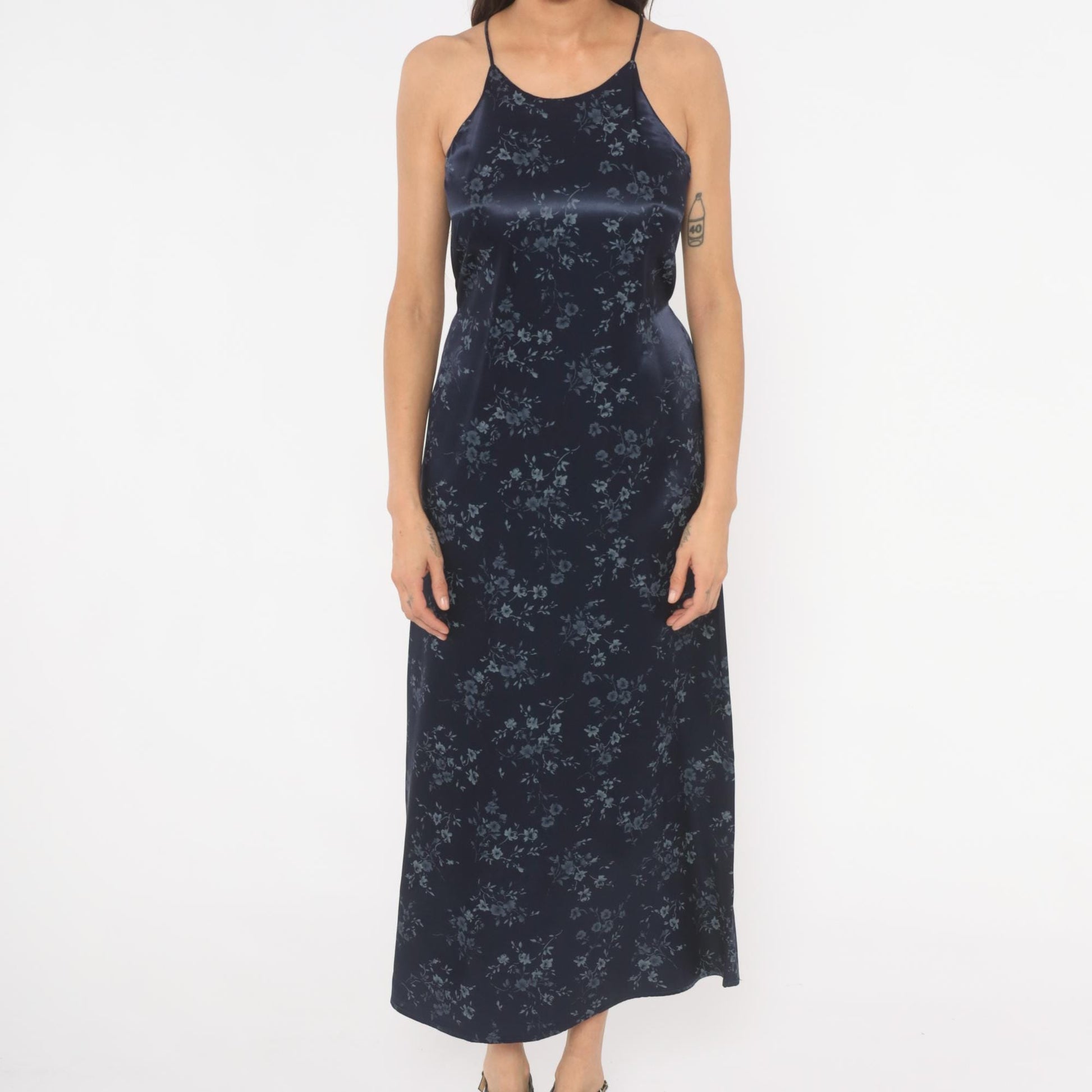 90s Navy Satin Halter Maxi Dress Floral Print Tie Back Small S
