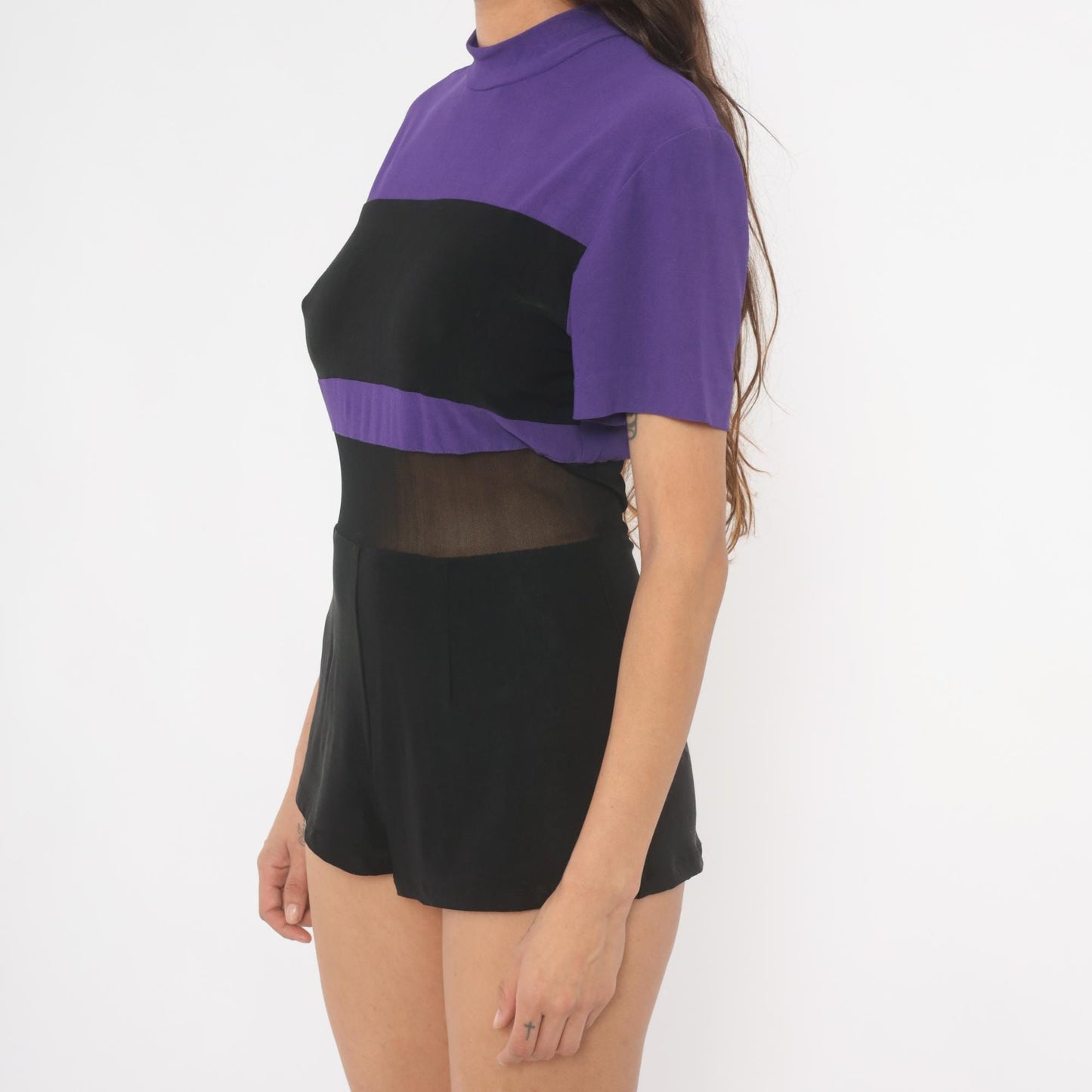 90s D.F. Summers Purple Black Color Block Romper Mesh Waist Medium M