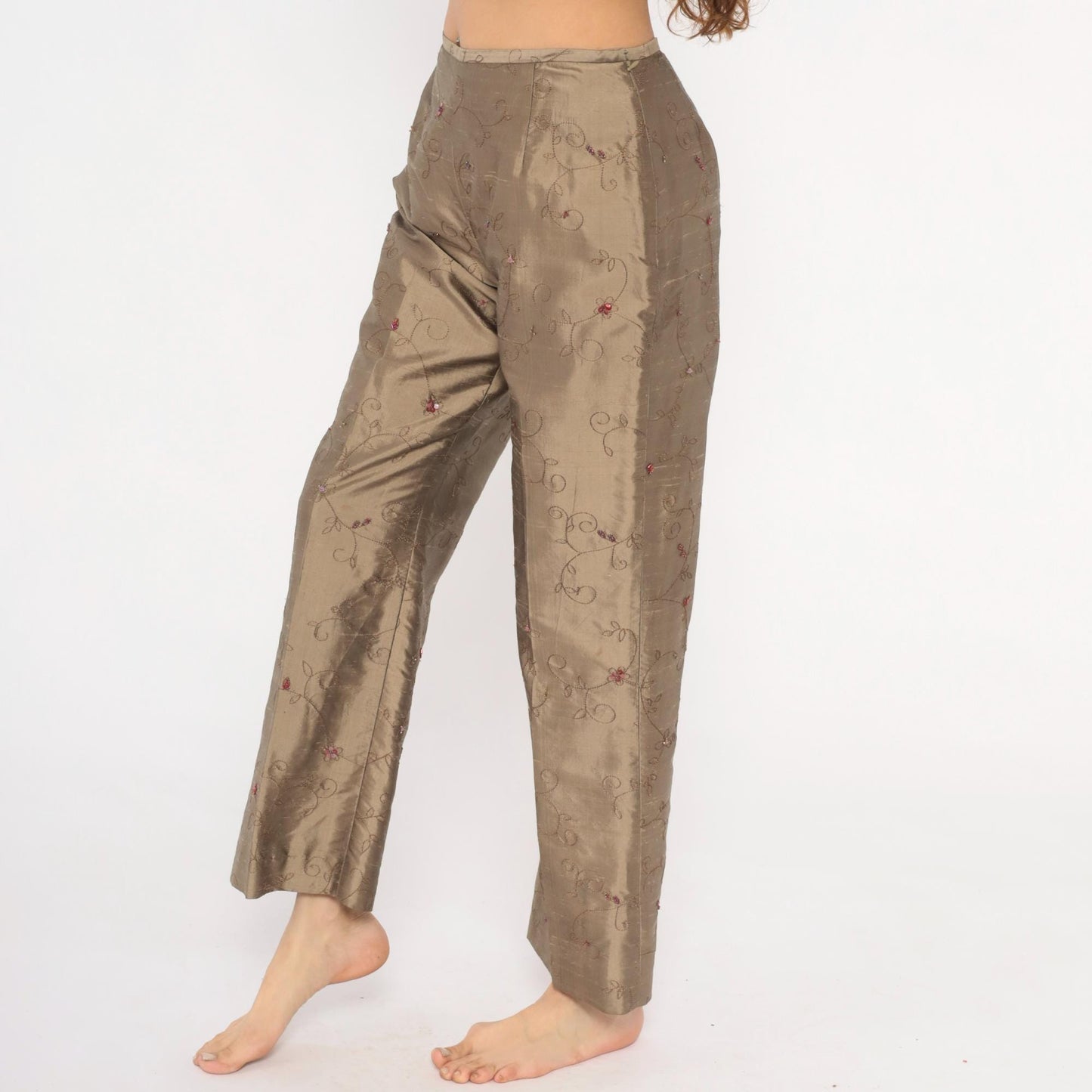 2000s Depeche Mode Silk Trousers Embroidered Floral Tan Low Rise Straight Medium M