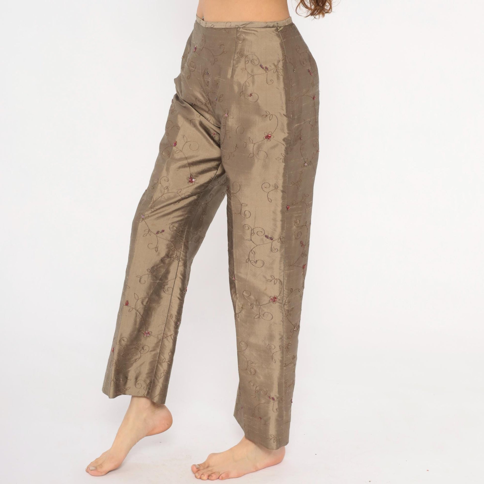 2000s Depeche Mode Silk Trousers Embroidered Floral Tan Low Rise Straight Medium M
