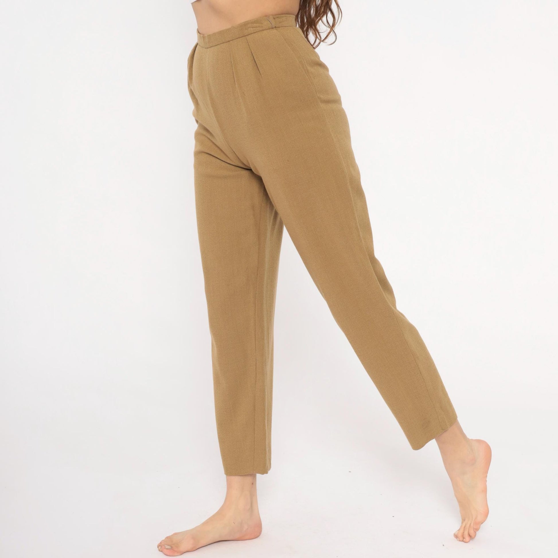 80s Tan Pleated High-Waist Wool Trousers Tapered Ankle Crop Extra Small