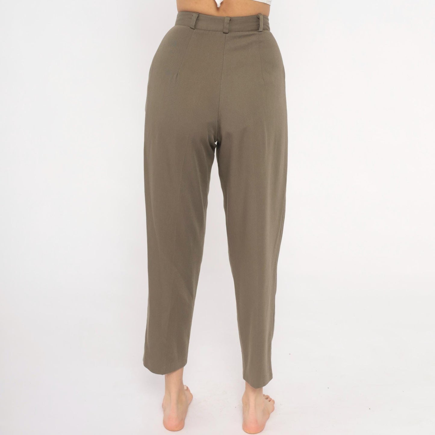 80s Olive Pleated High-Waist Trousers Tapered Ankle Cropped Slacks Extra Small XS