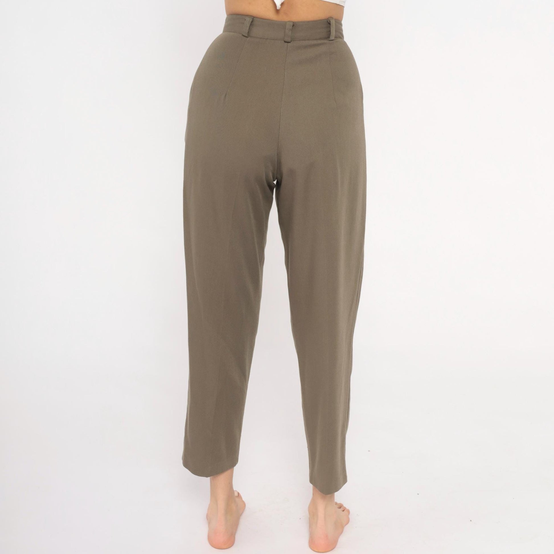 80s Olive Pleated High-Waist Trousers Tapered Ankle Cropped Slacks Extra Small XS