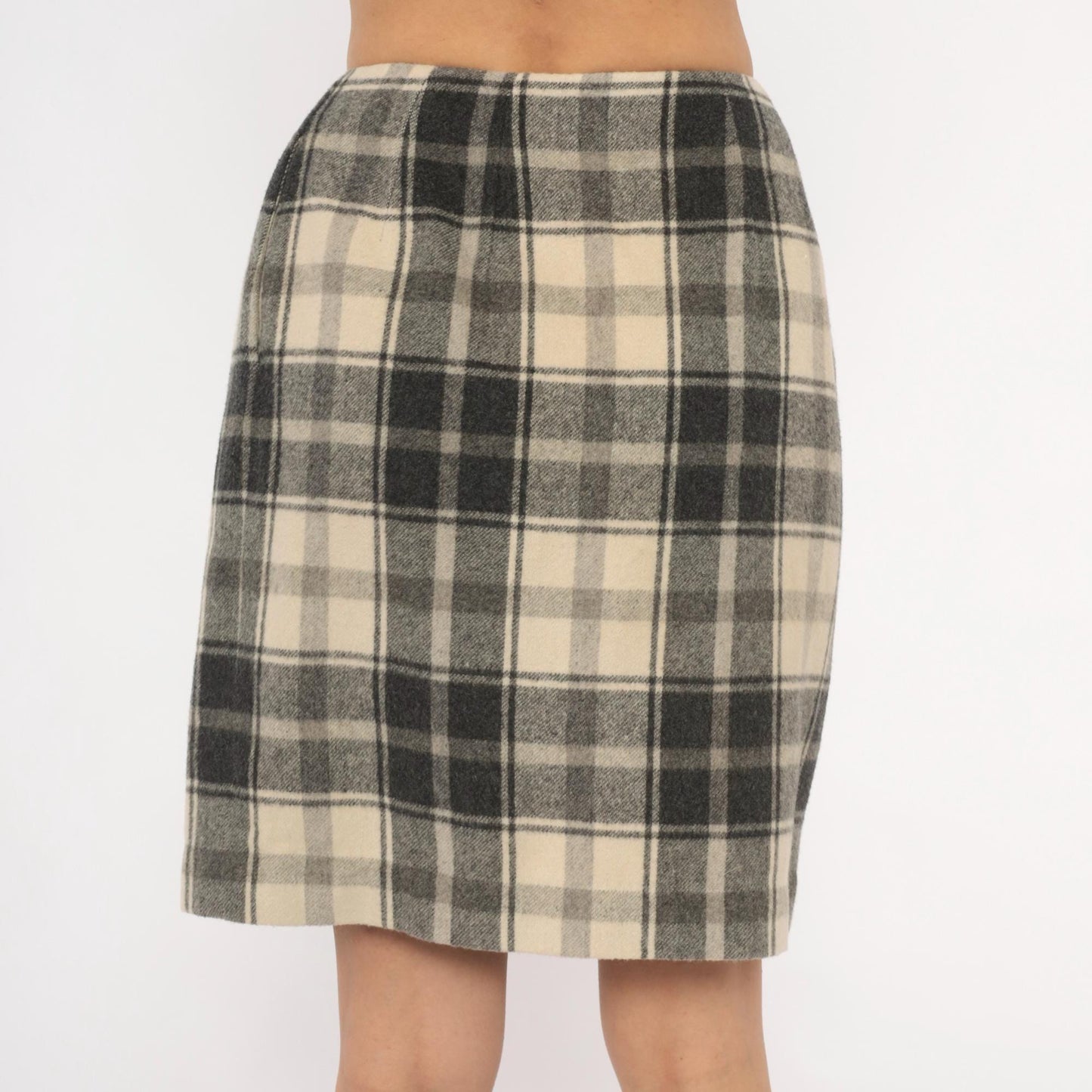 2000s Lands End Plaid Wool Mini Skirt Charcoal Cream Wrap Front Medium M