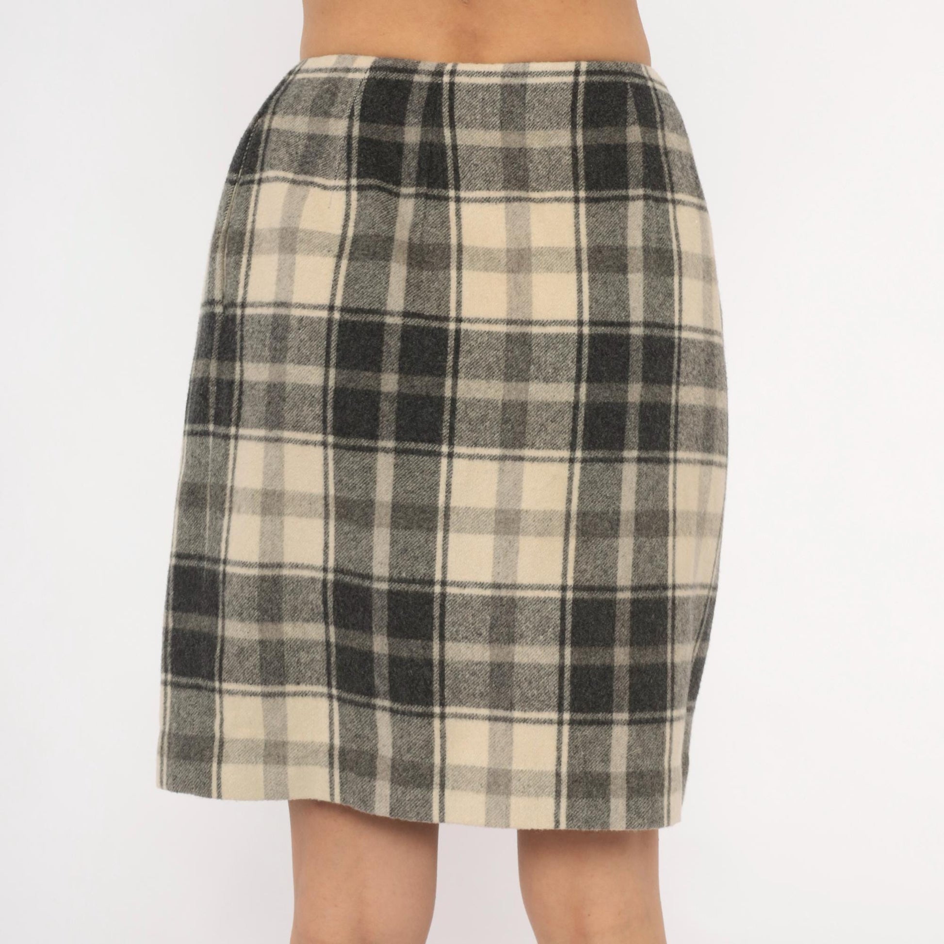2000s Lands End Plaid Wool Mini Skirt Charcoal Cream Wrap Front Medium M