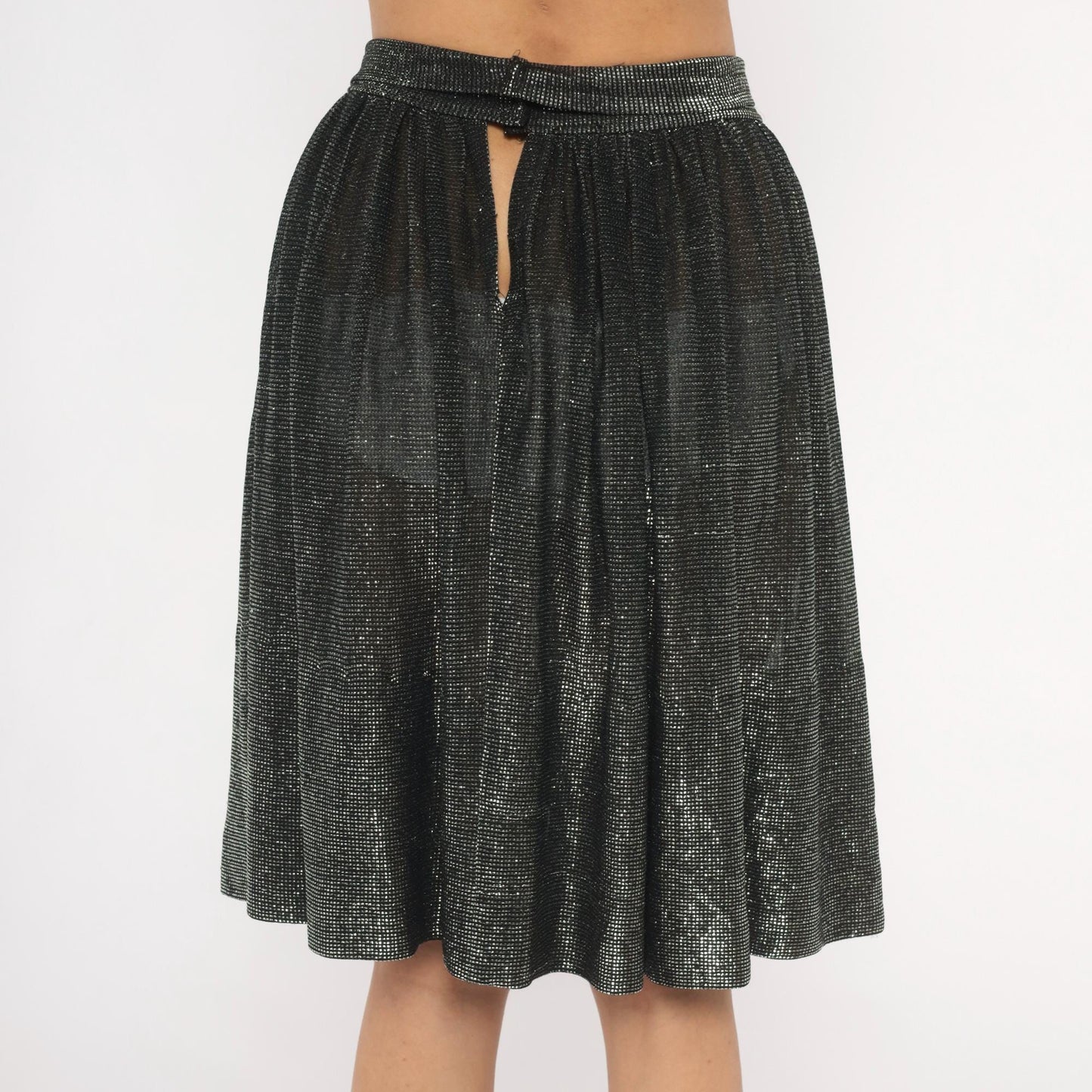 90s Black Silver Metallic Gathered Skirt Knee-Length Shimmer Small S