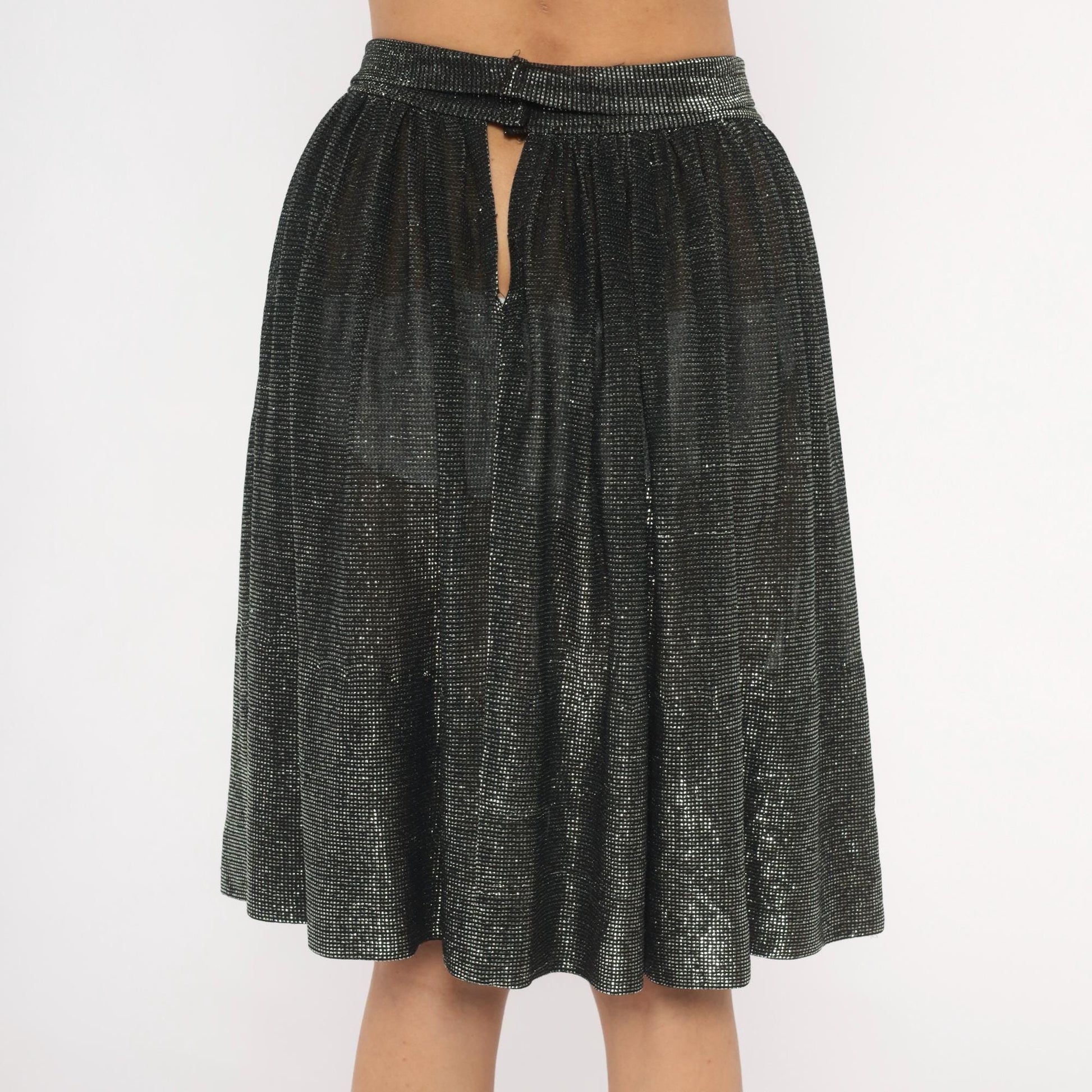 90s Black Silver Metallic Gathered Skirt Knee-Length Shimmer Small S