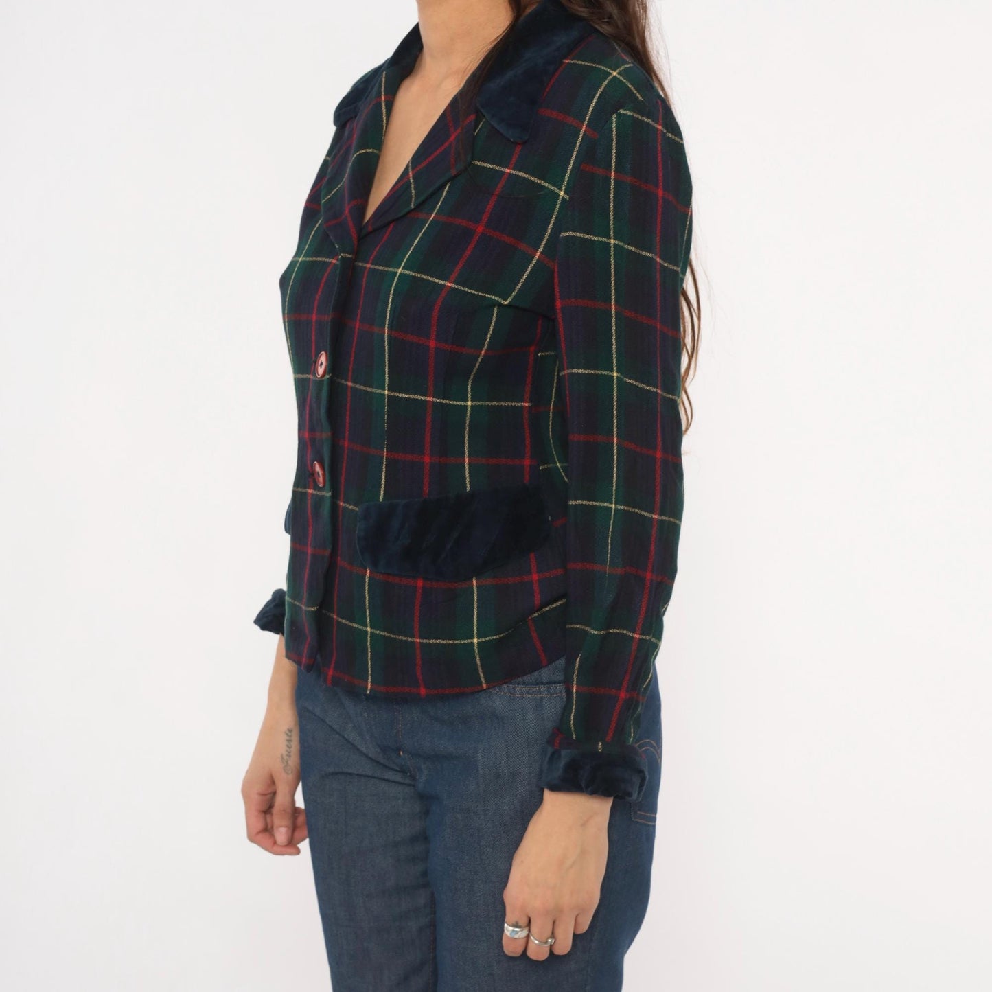 90s Dani Max Tartan Plaid Blazer Velvet Collar Navy Green Red Small S