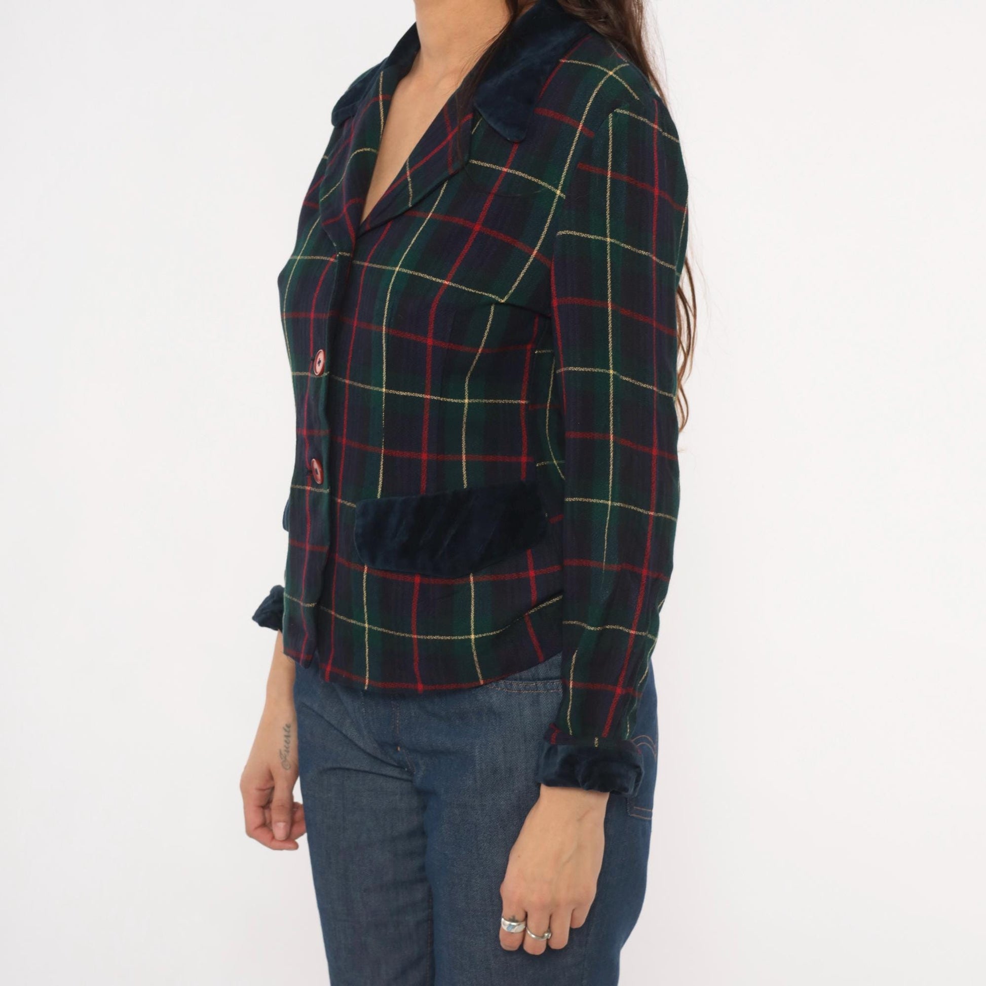 90s Dani Max Tartan Plaid Blazer Velvet Collar Navy Green Red Small S