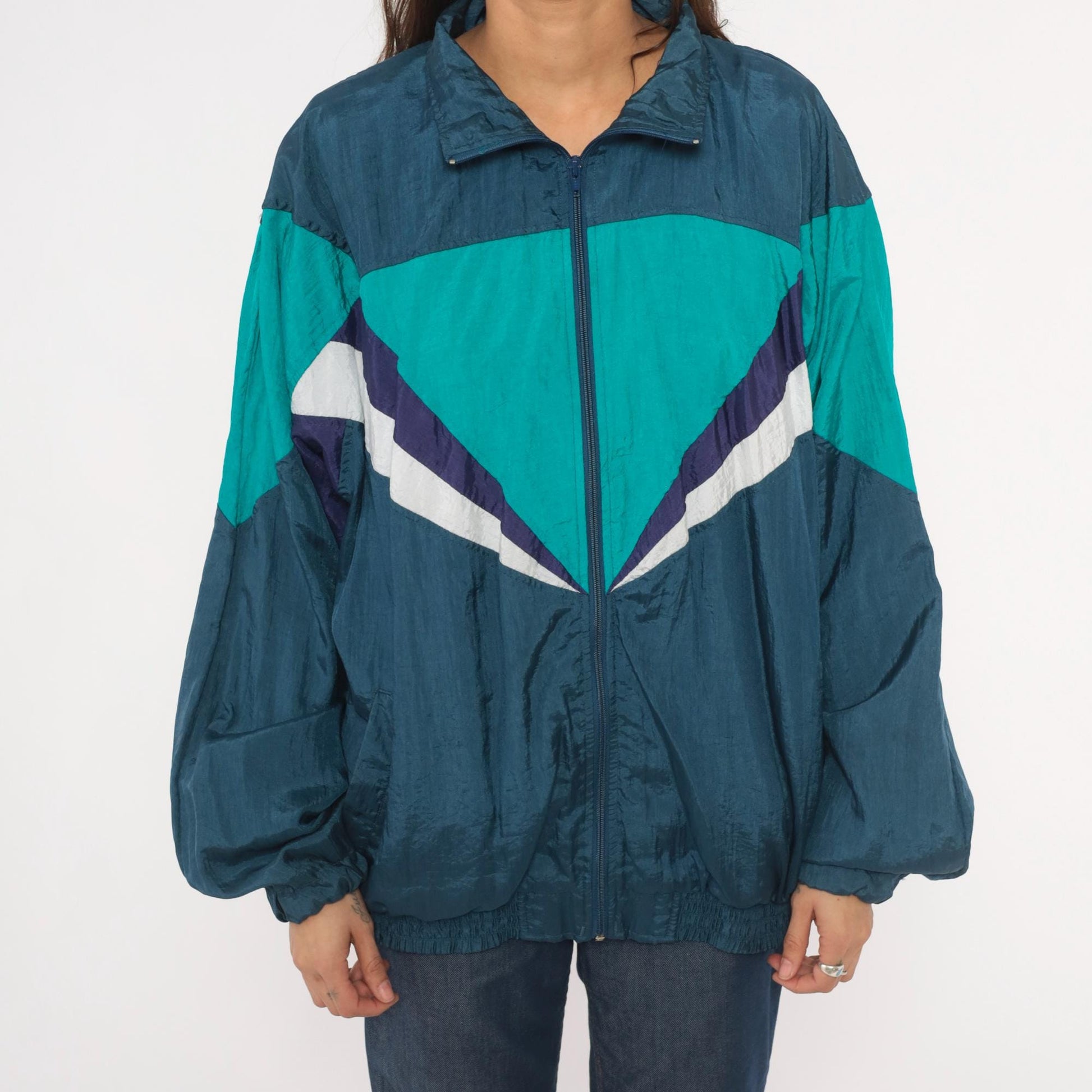 90s Champs Style Windbreaker Chevron Colorblock Teal Navy Purple XL
