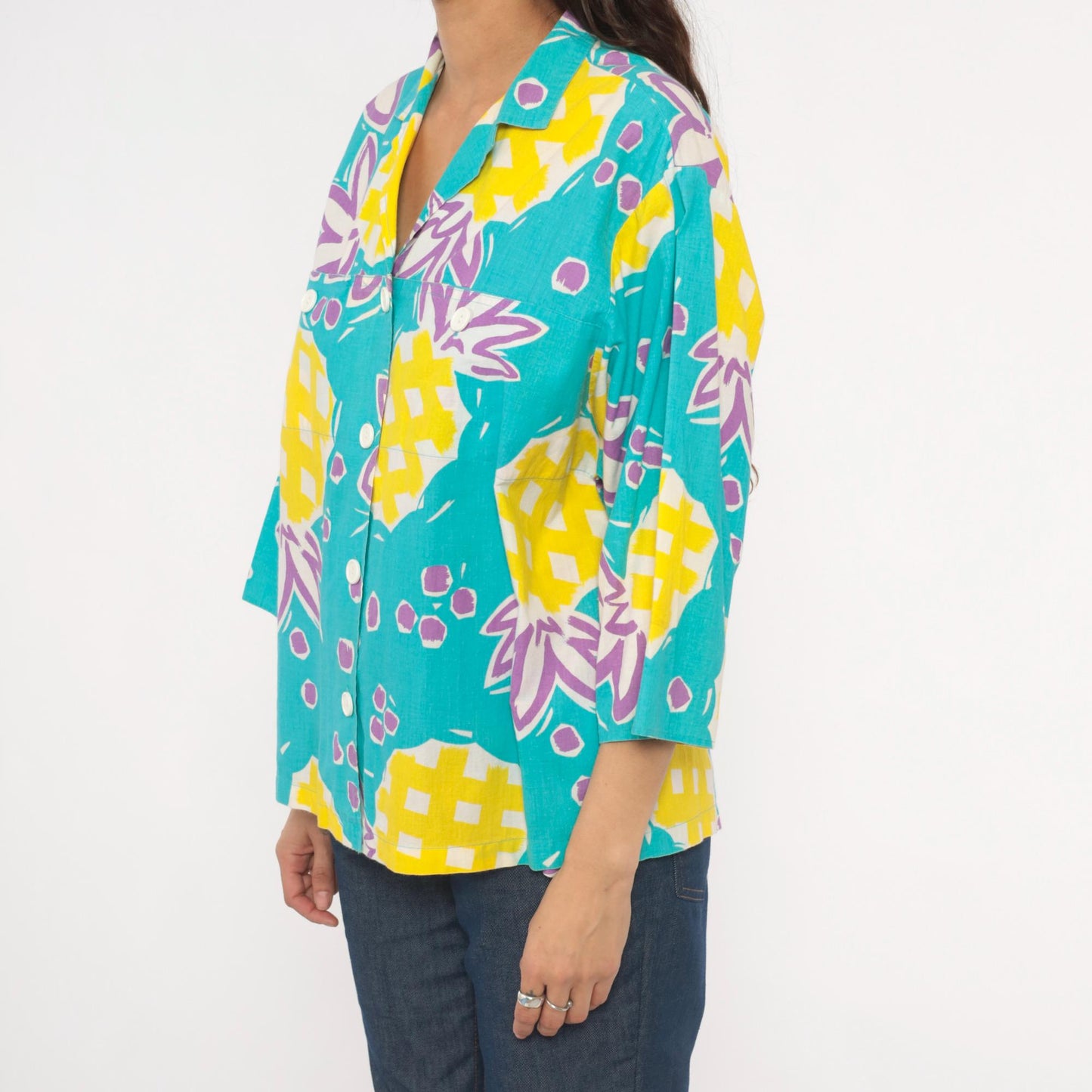 90s Young Hawaii Pineapple Print Blouse Teal Yellow V-Neck Large L