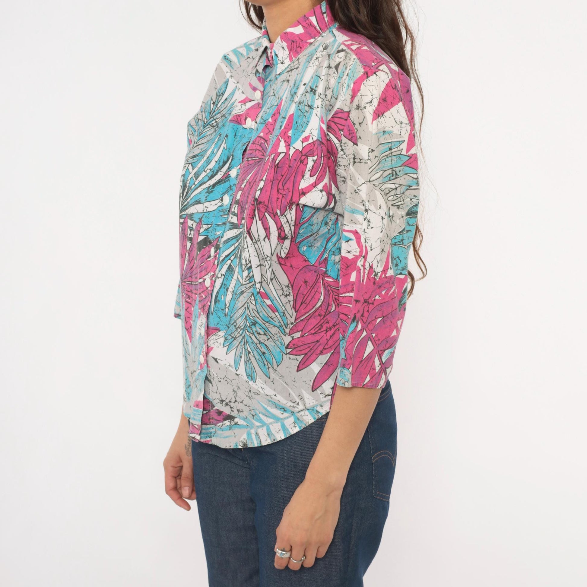 90s Tropical Batik Button Blouse Pink Teal Palm Leaf Three Quarter Sleeve Medium M