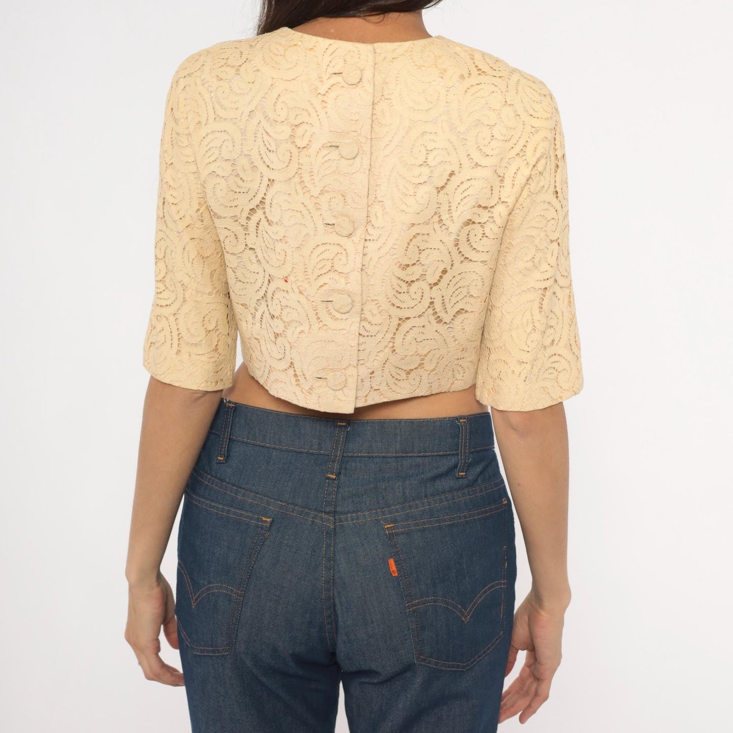 70s Carol Craig Cream Lace Crop Top Swirl Pattern Half Sleeve Medium M