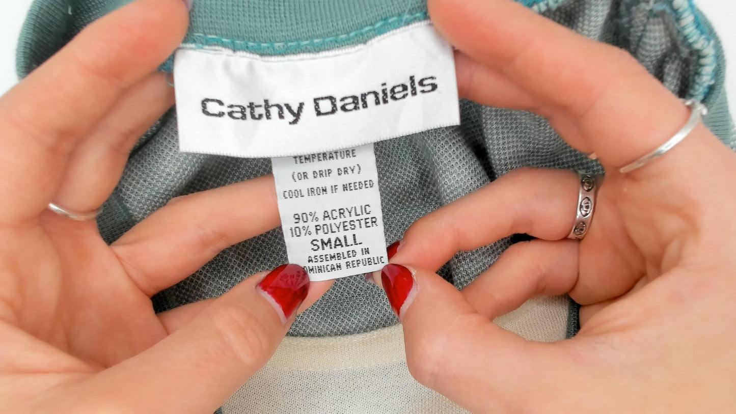 80s Cathy Daniels Green Plaid V-Neck Pullover Sage Ribbed Trim Small