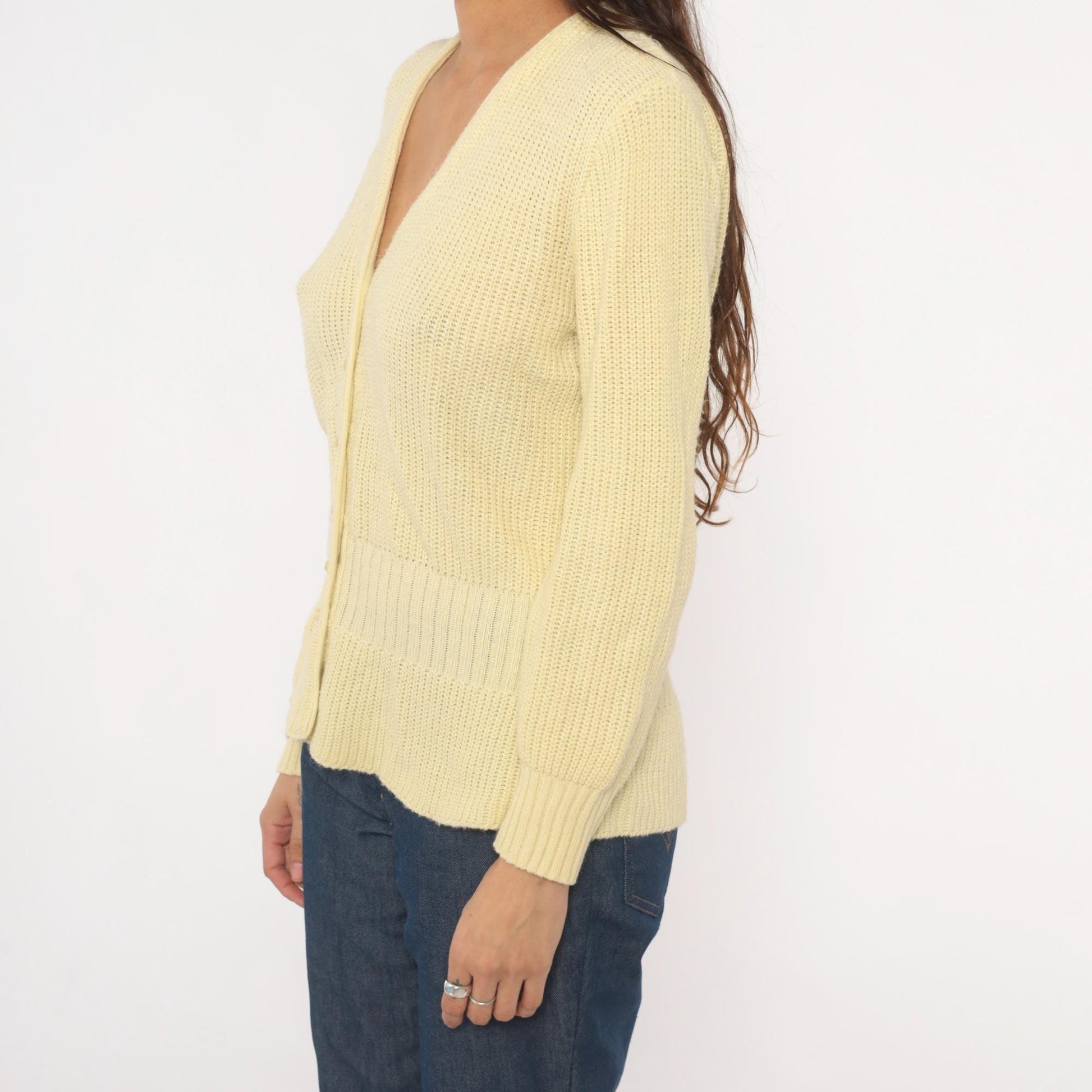70s Avon Fashions Cardigan Sweater V Neck Cream Ribbed Knit Medium M