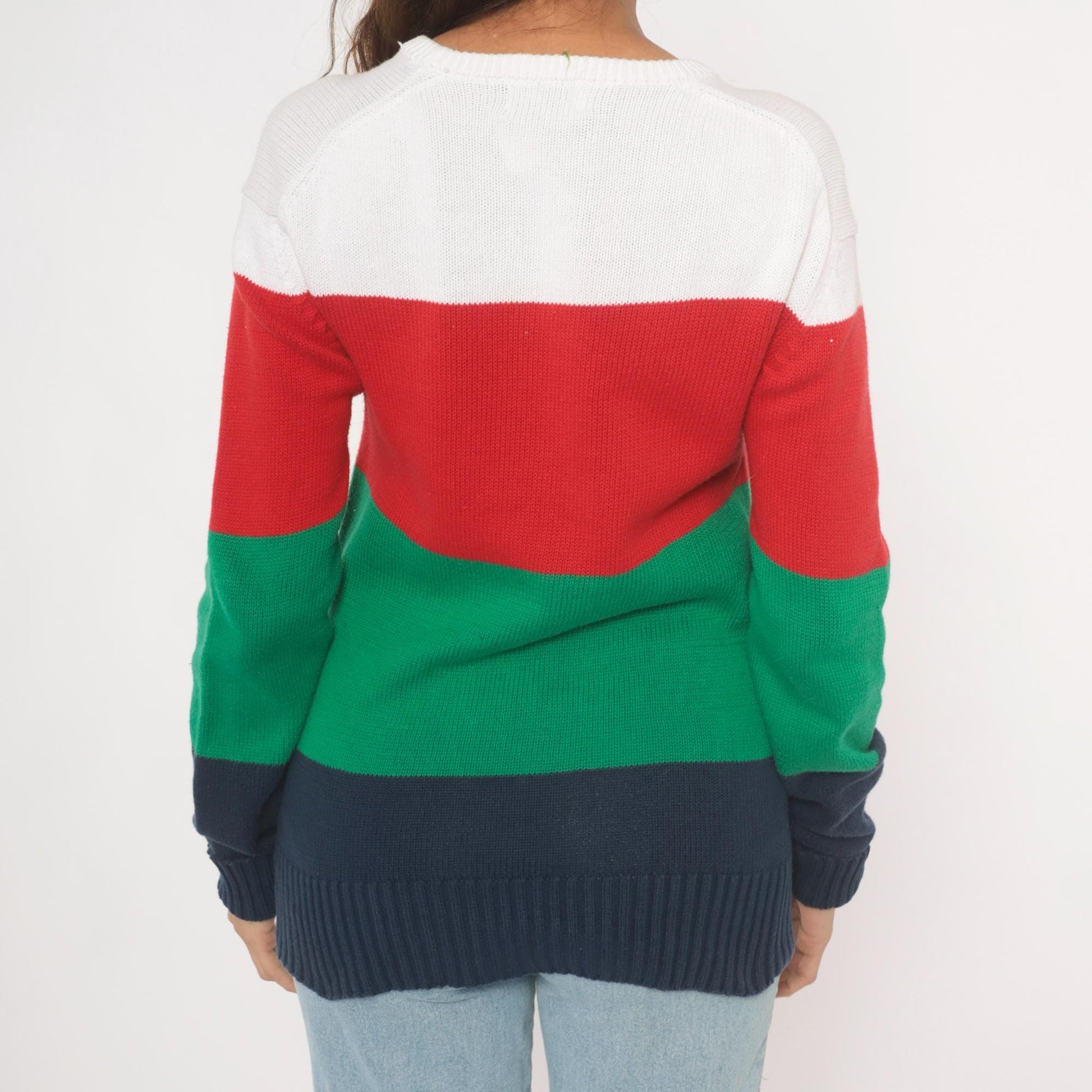 90s Boston Traders Color Block Knit Sweater Navy Green Red White Medium M