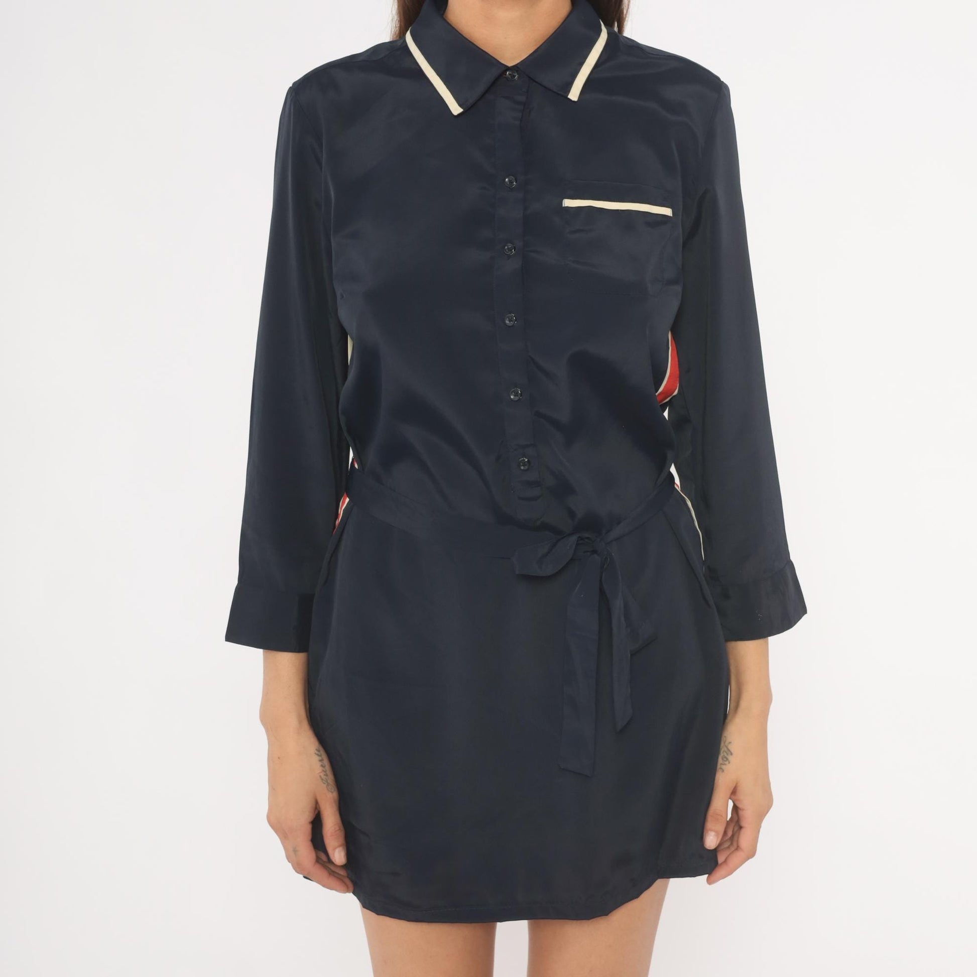 Tommy Hilfiger Navy Mini Dress 2000s Striped Collared Shirt Dress Medium M