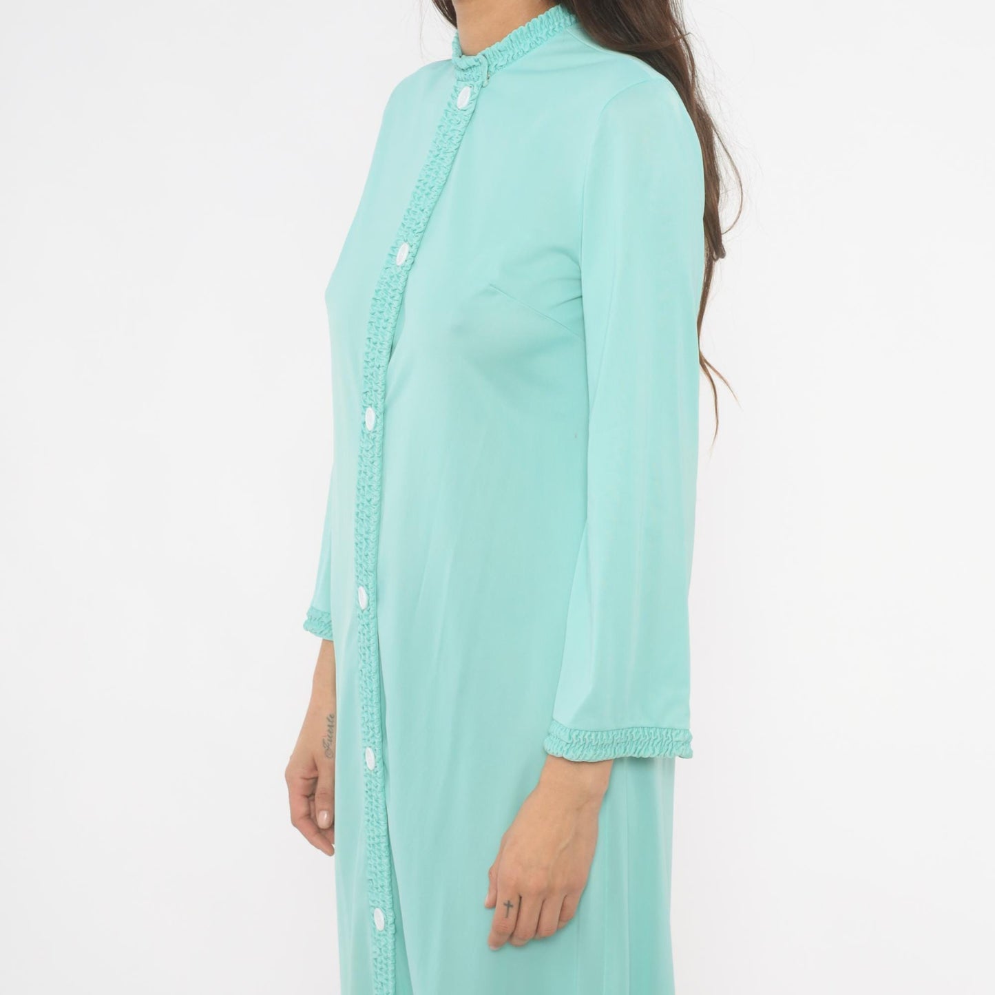 70s Loungewear by Gossard Mint Maxi Housecoat Smocked Ruffle Small