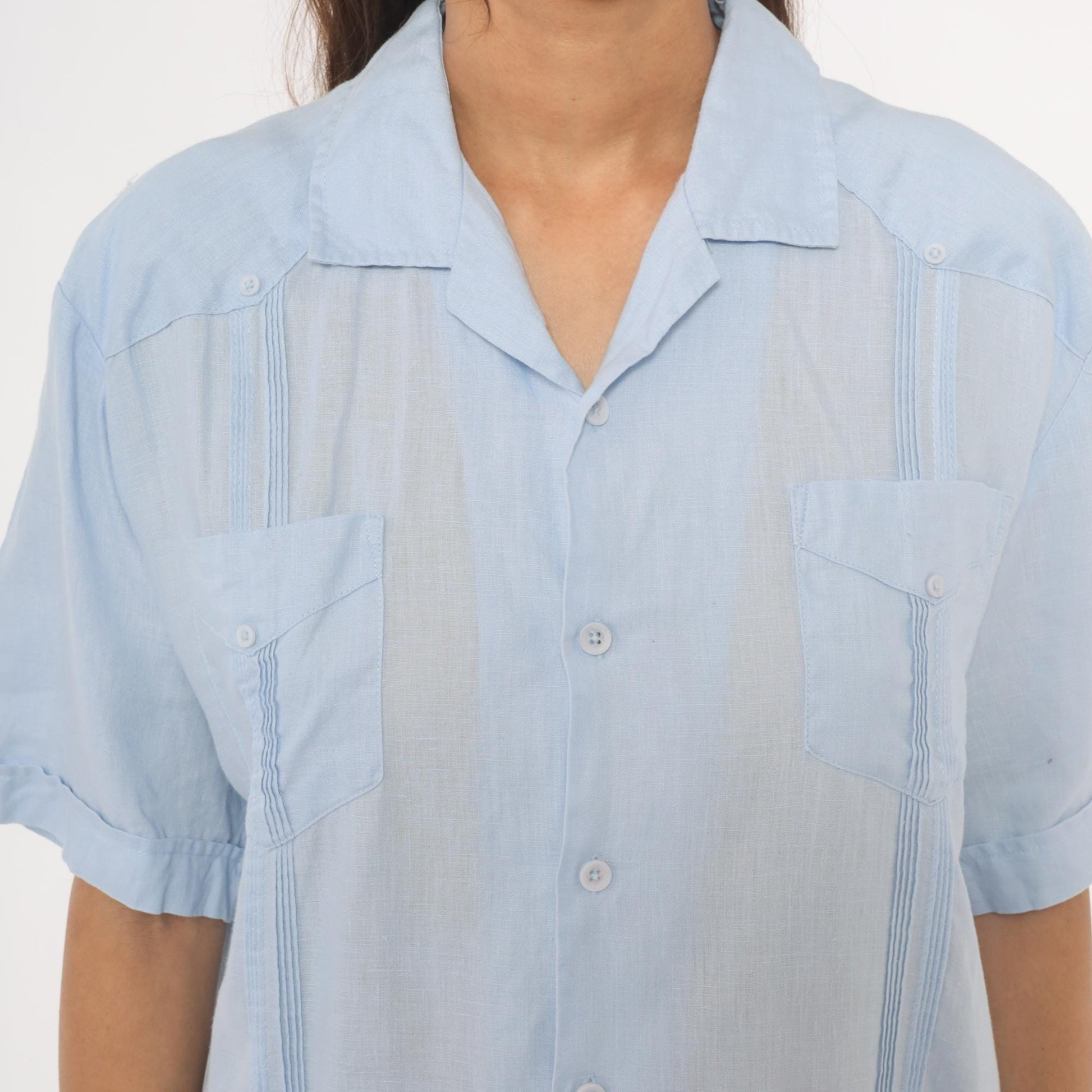 90s Cubavera Powder Blue Linen Camp Collar Shirt Medium M