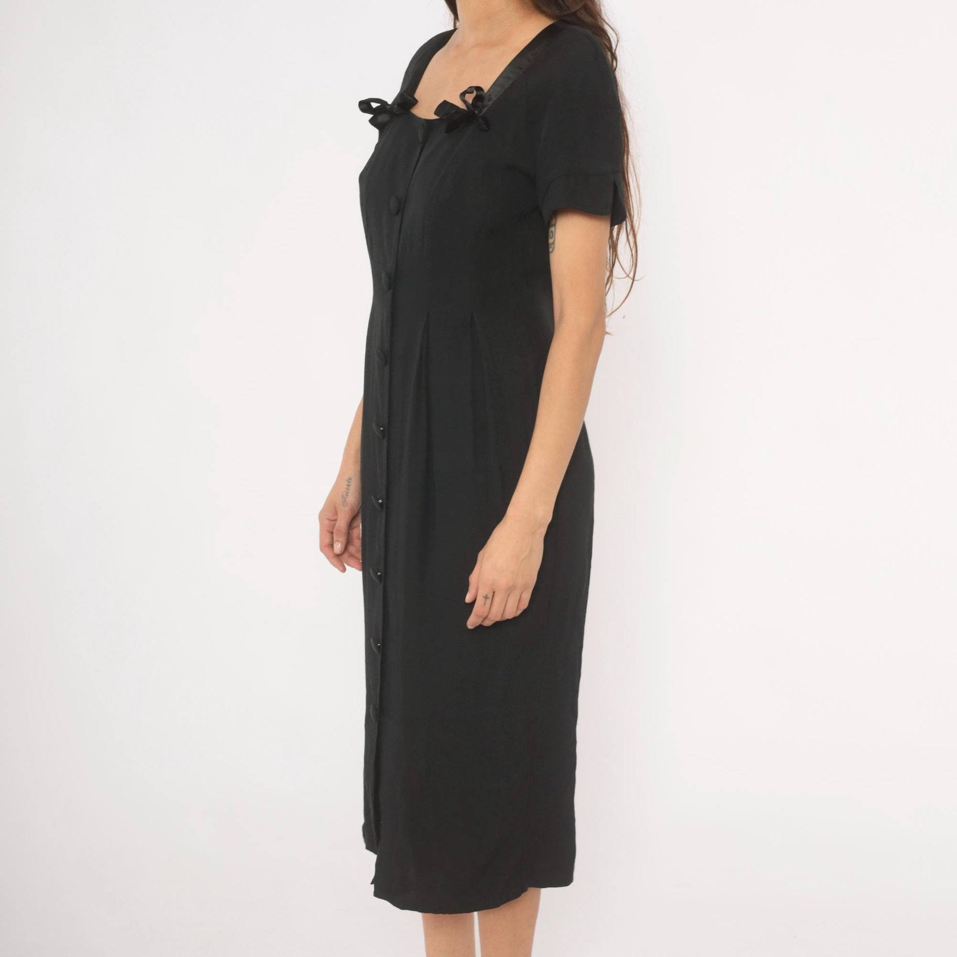 90s Atina by Karon Crosby Black Midi Dress Square Neck Bow Detail Medium