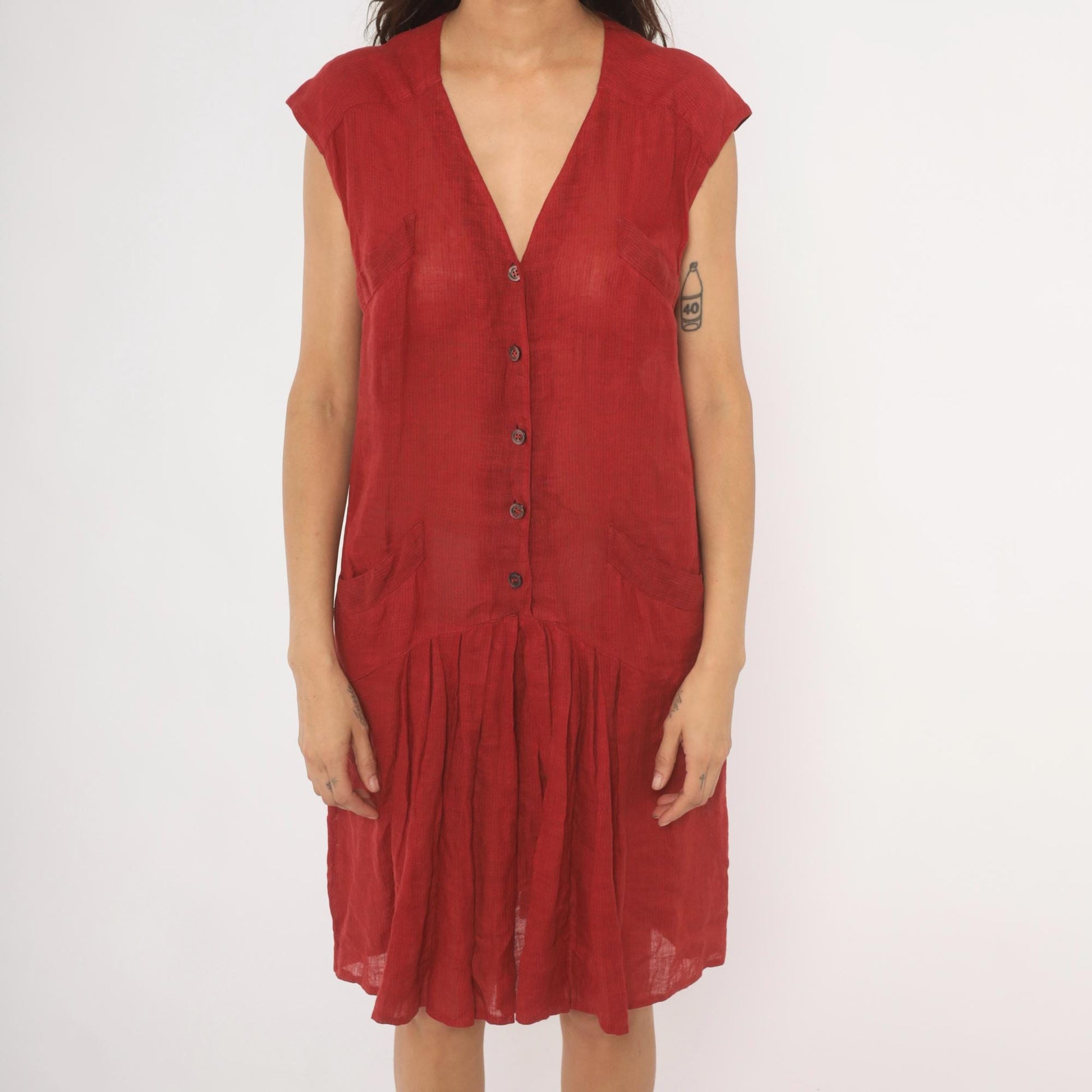 90s Laura Biagiotti Red Linen Dress V Neck Cap Sleeve Drop Waist Medium