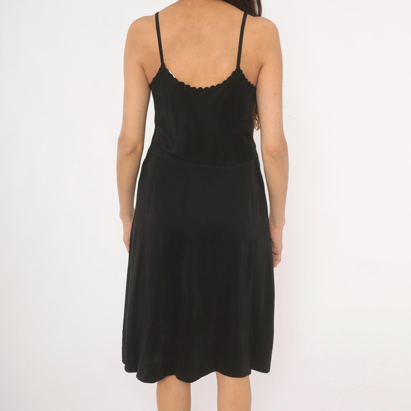 1950s Black Slip Dress Scalloped Lace Trim Embroidered Floral Bodice Medium M