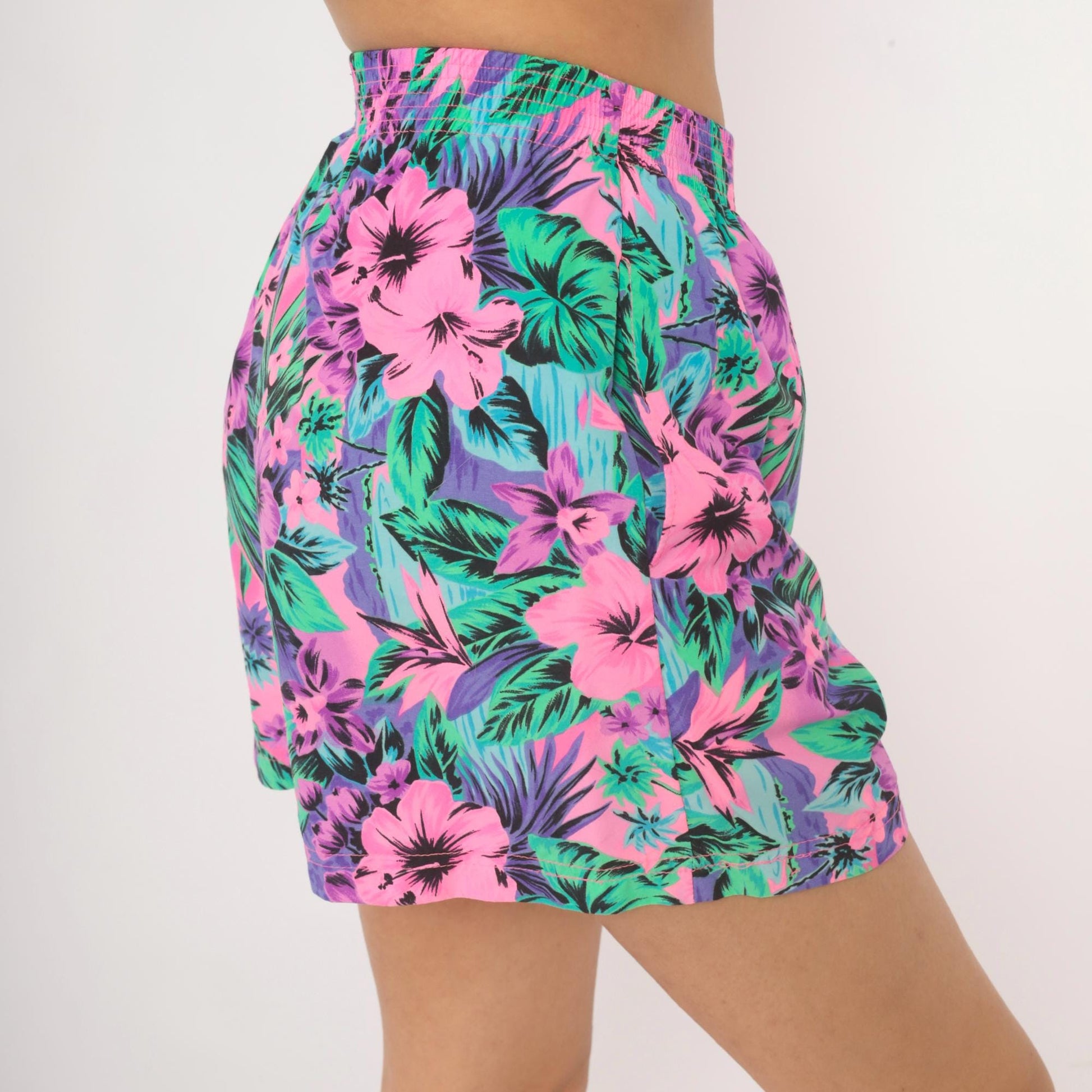 90s Op Neon Tropical Floral Shorts Pink Purple Green Hibiscus Medium M