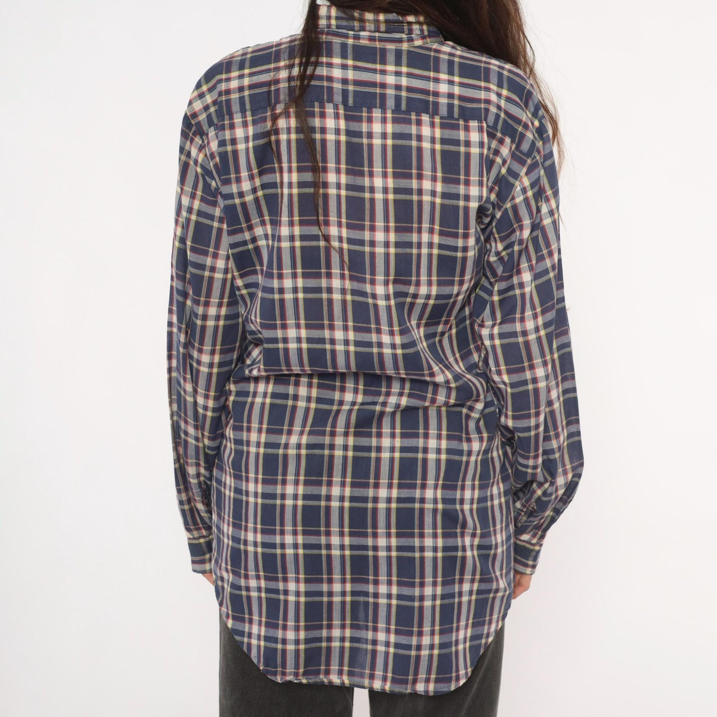 80s Men's Store Plaid Flannel Shirt Navy Blue Red Check Button Front Medium