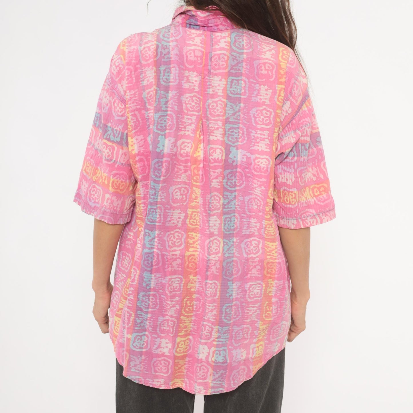 90s Body Objects Batik Print Button-Up Shirt Pink Multicolor Abstract Large L