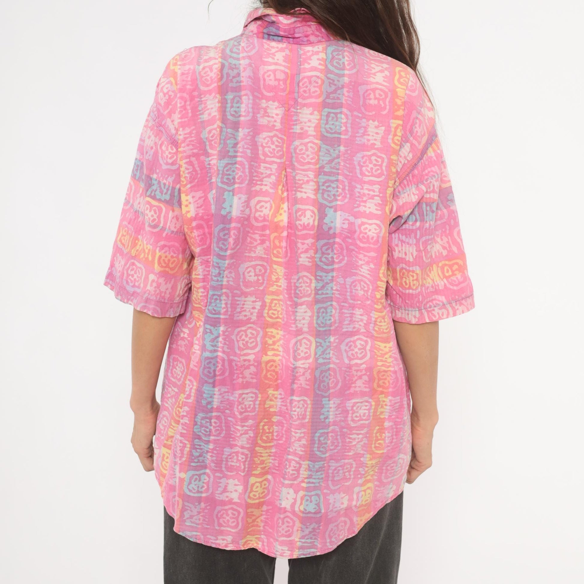 90s Body Objects Batik Print Button-Up Shirt Pink Multicolor Abstract Large L